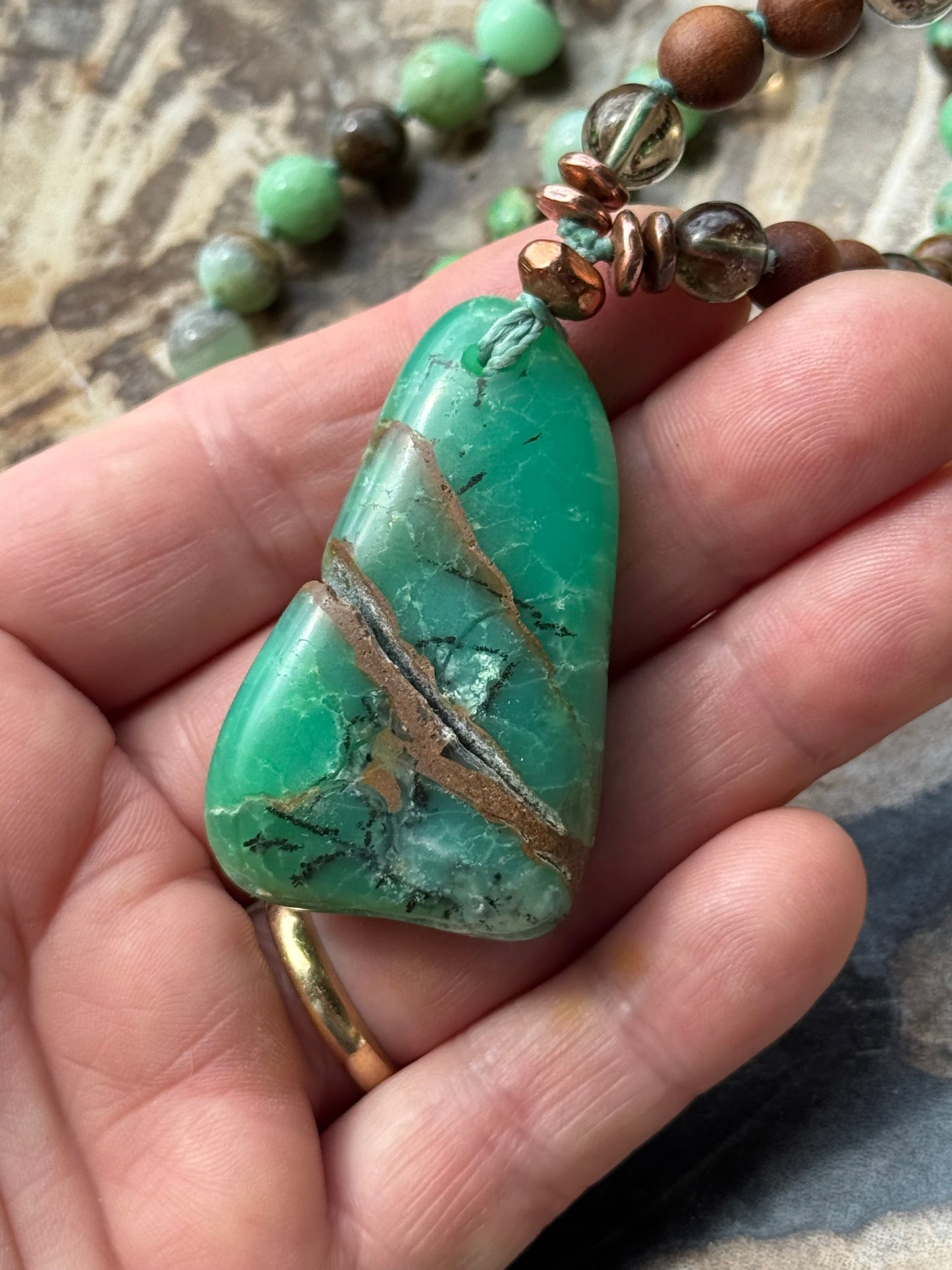 Mālā with Chrysoprase, Smoky Quartz, Sandalwood with a Australian Chrysoprase Guru Bead/Pendant (Copy)