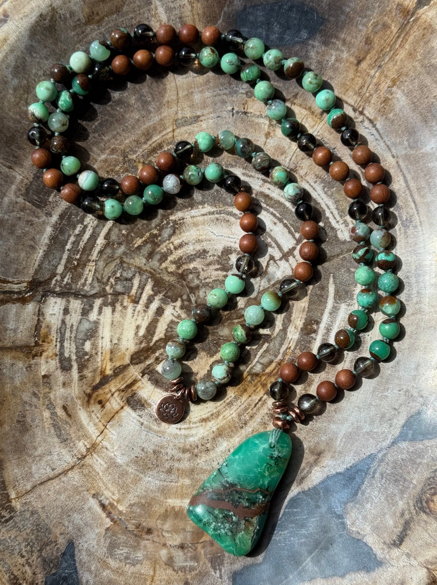 Mālā with Chrysoprase, Smoky Quartz, Sandalwood with a Australian Chrysoprase Guru Bead/Pendant (Copy)