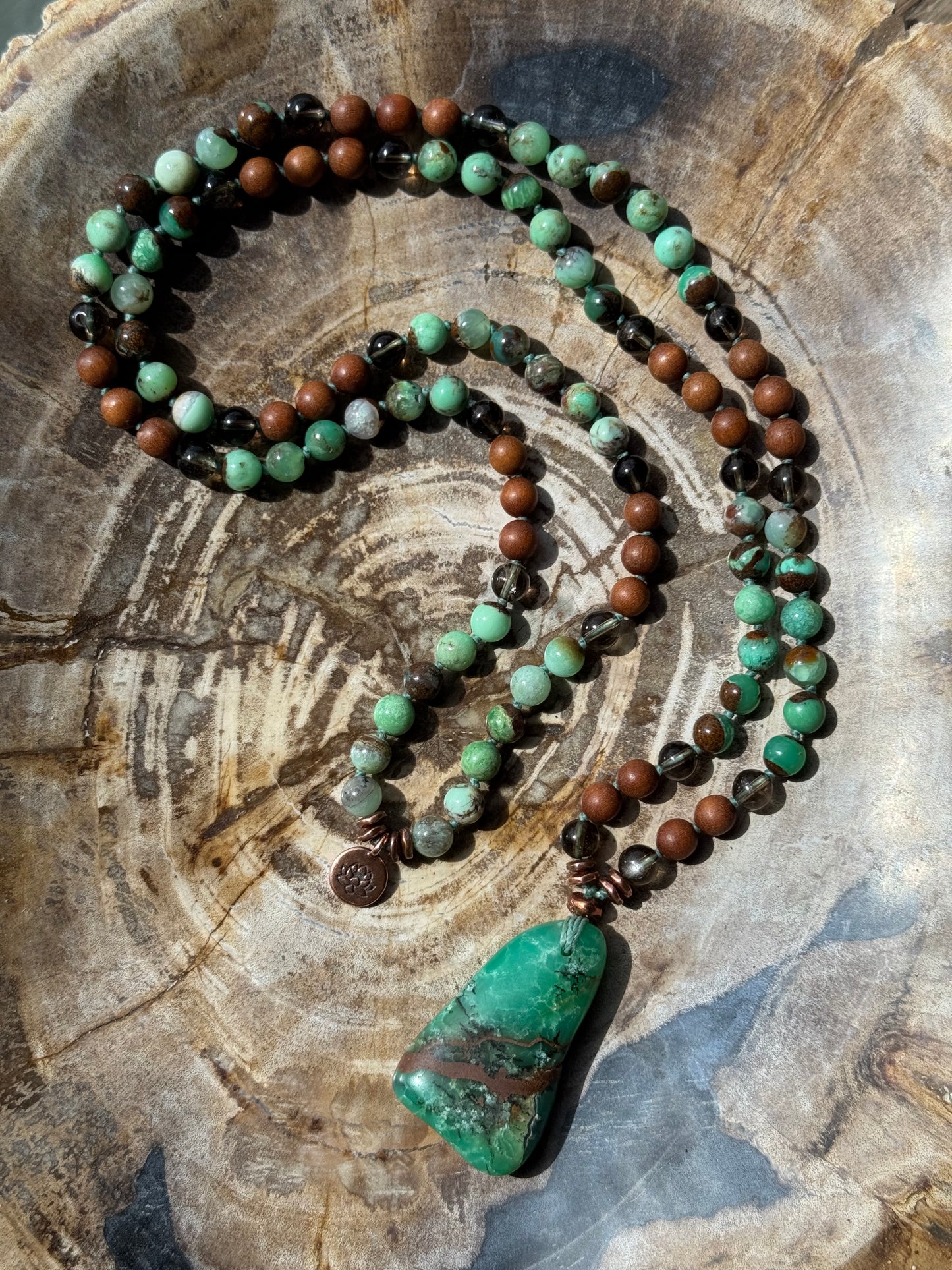 Mālā with Chrysoprase, Smoky Quartz, Sandalwood with a Australian Chrysoprase Guru Bead/Pendant (Copy)