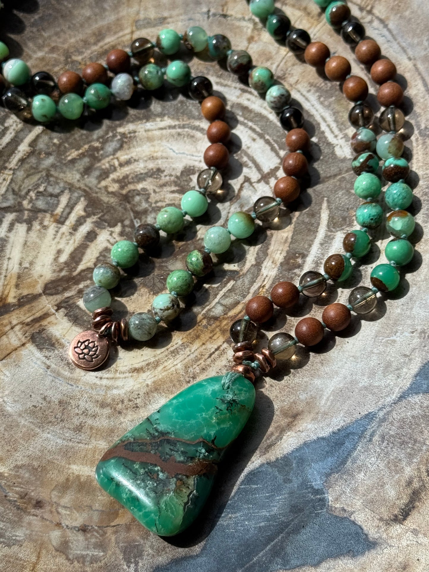 Mālā with Chrysoprase, Smoky Quartz, Sandalwood with a Australian Chrysoprase Guru Bead/Pendant (Copy)