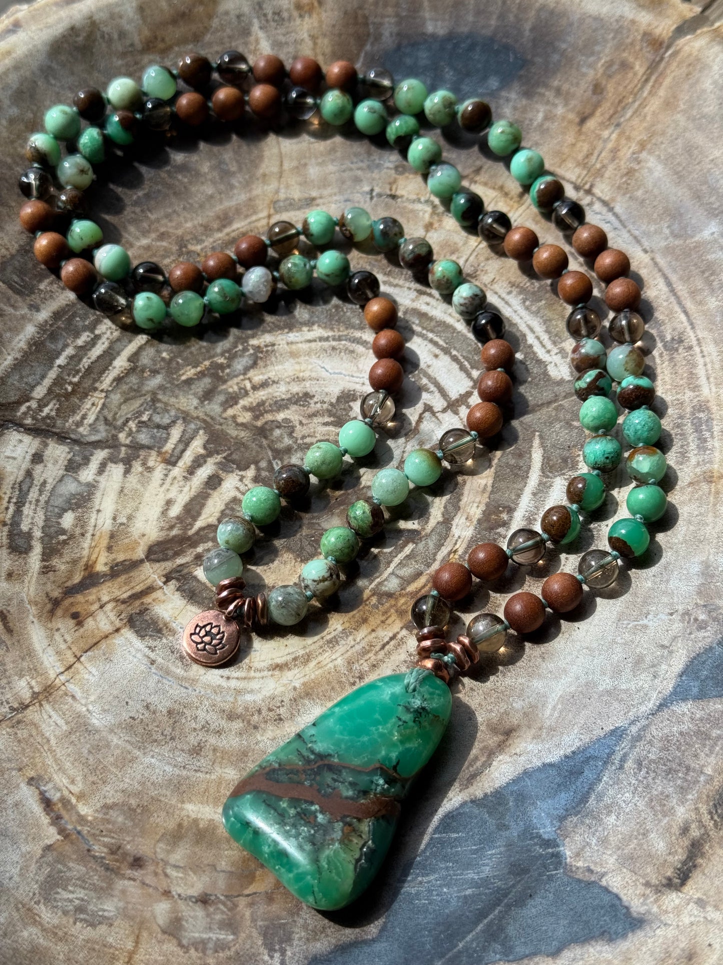 Mālā with Chrysoprase, Smoky Quartz, Sandalwood with a Australian Chrysoprase Guru Bead/Pendant (Copy)