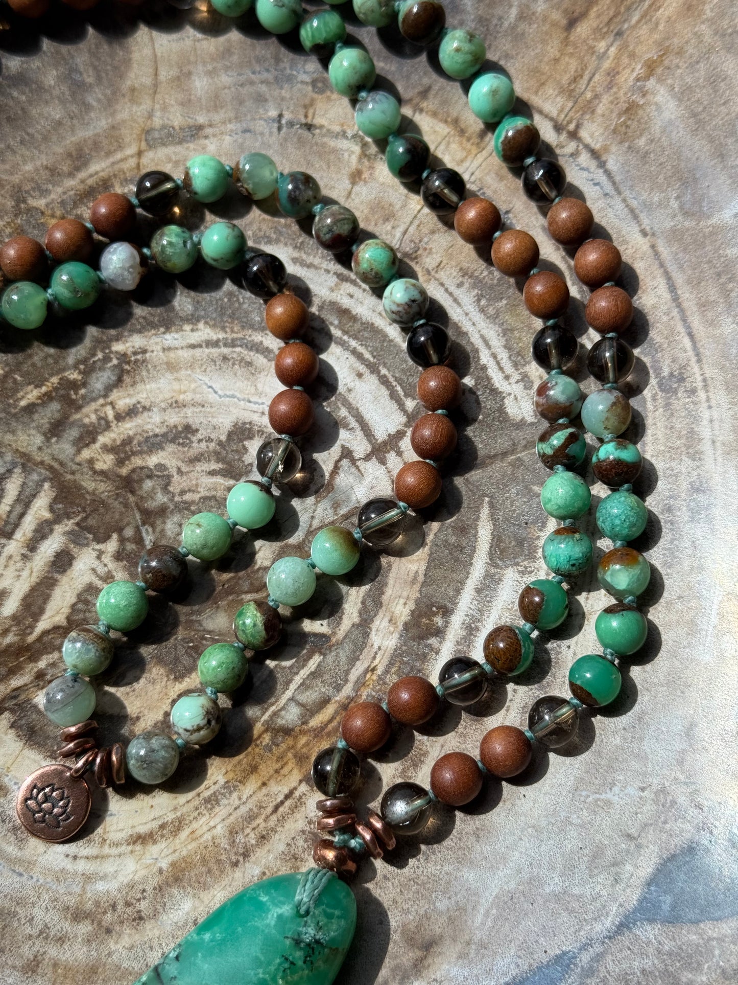 Mālā with Chrysoprase, Smoky Quartz, Sandalwood with a Australian Chrysoprase Guru Bead/Pendant (Copy)