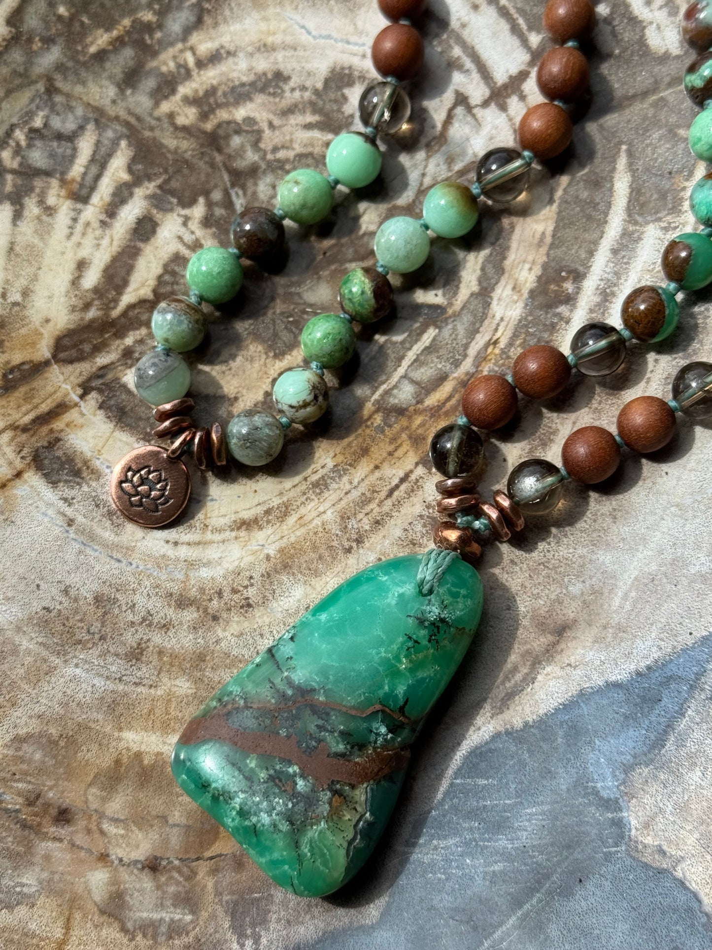 Mālā with Chrysoprase, Smoky Quartz, Sandalwood with a Australian Chrysoprase Guru Bead/Pendant (Copy)