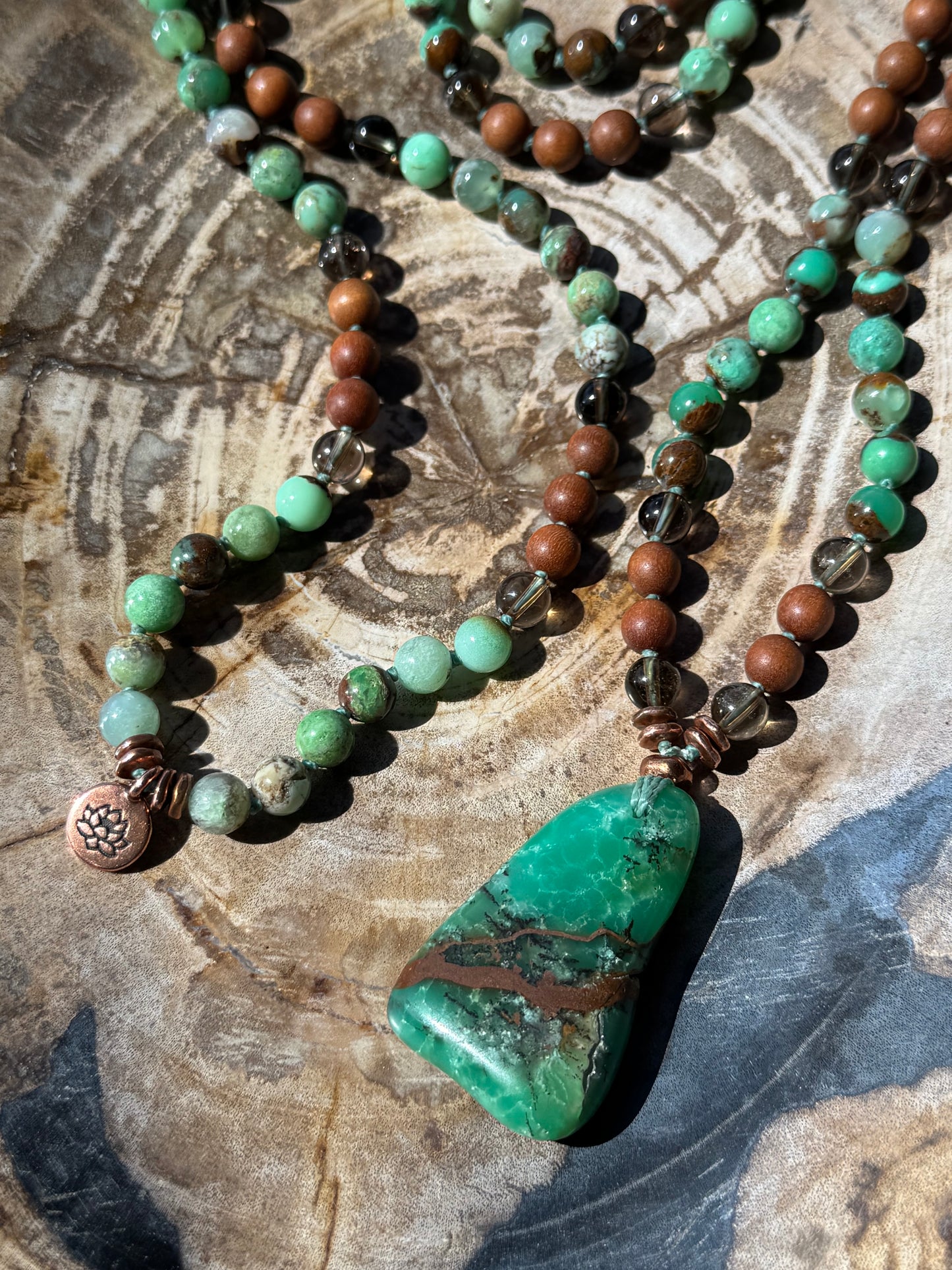 Mālā with Chrysoprase, Smoky Quartz, Sandalwood with a Australian Chrysoprase Guru Bead/Pendant (Copy)