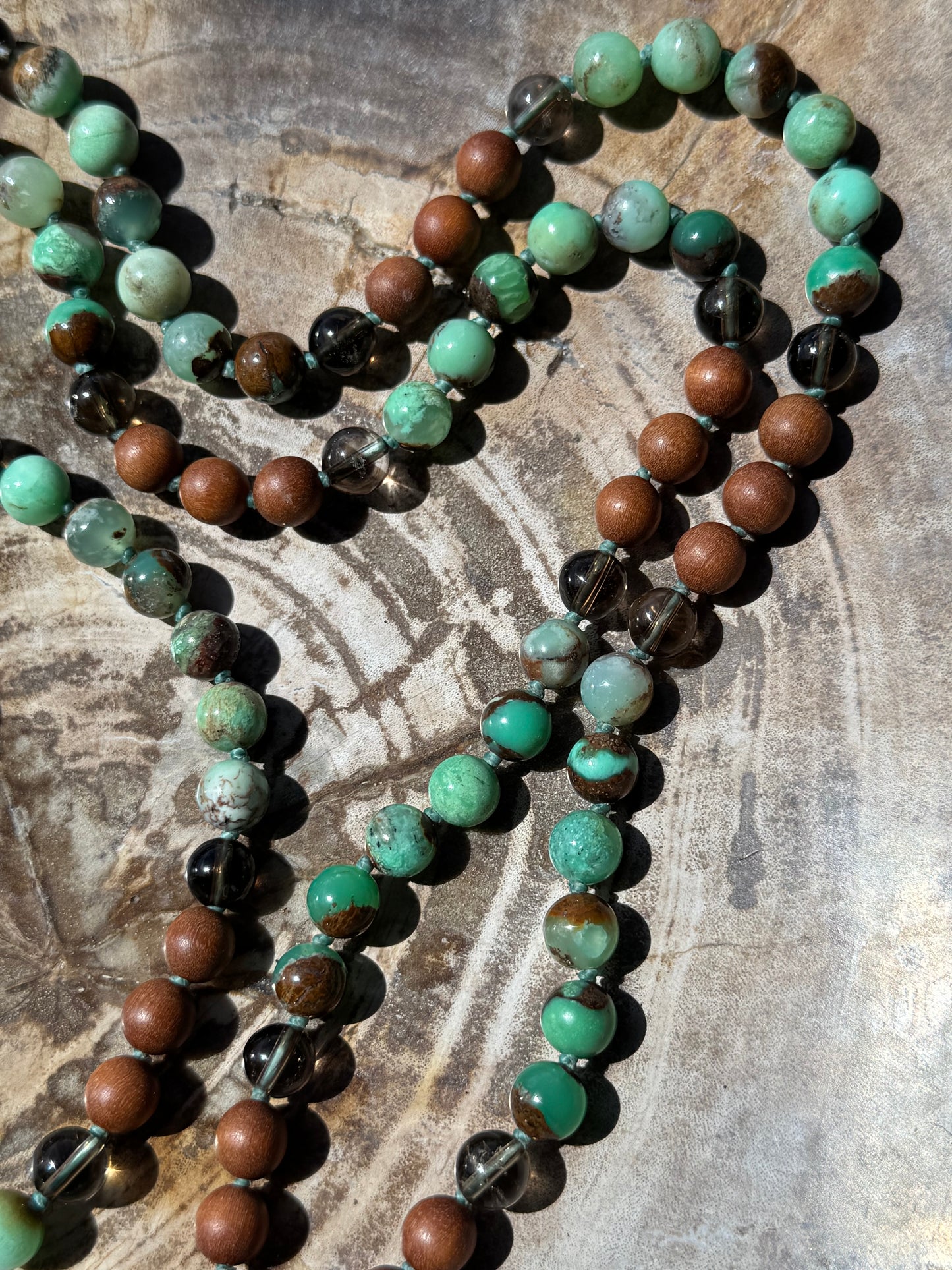 Mālā with Chrysoprase, Smoky Quartz, Sandalwood with a Australian Chrysoprase Guru Bead/Pendant (Copy)