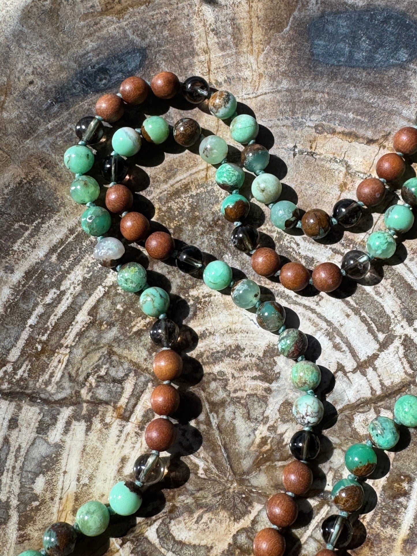 Mālā with Chrysoprase, Smoky Quartz, Sandalwood with a Australian Chrysoprase Guru Bead/Pendant (Copy)