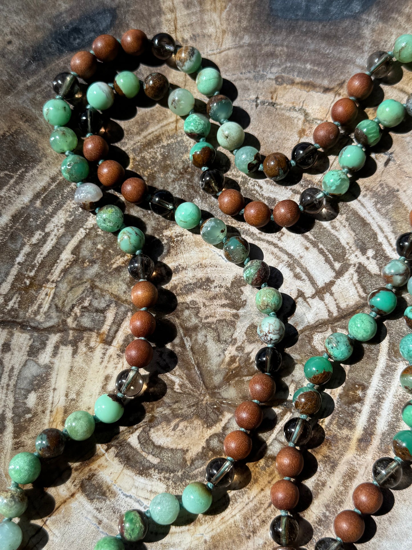 Mālā with Chrysoprase, Smoky Quartz, Sandalwood with a Australian Chrysoprase Guru Bead/Pendant (Copy)