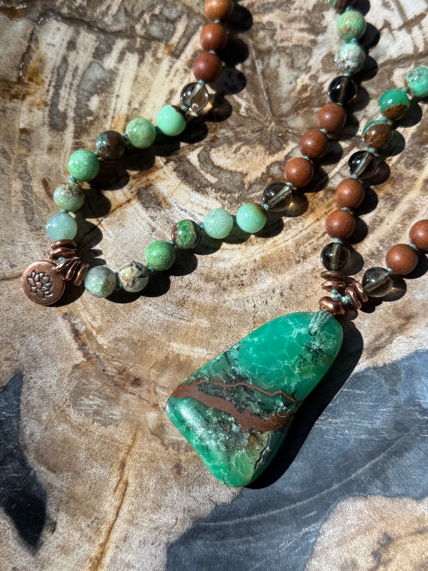 Mālā with Chrysoprase, Smoky Quartz, Sandalwood with a Australian Chrysoprase Guru Bead/Pendant (Copy)