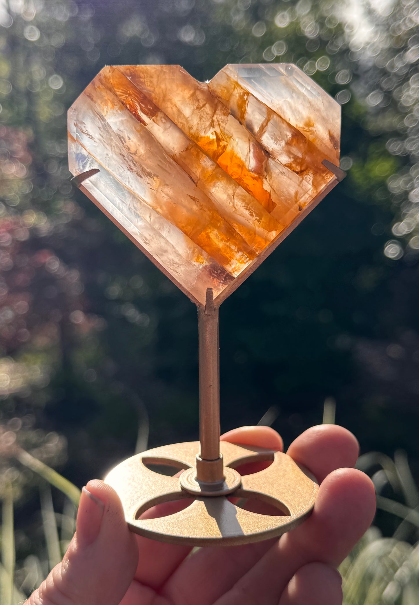 Golden Healer and Rose Girasol Quartz Faceted Heart on a stand