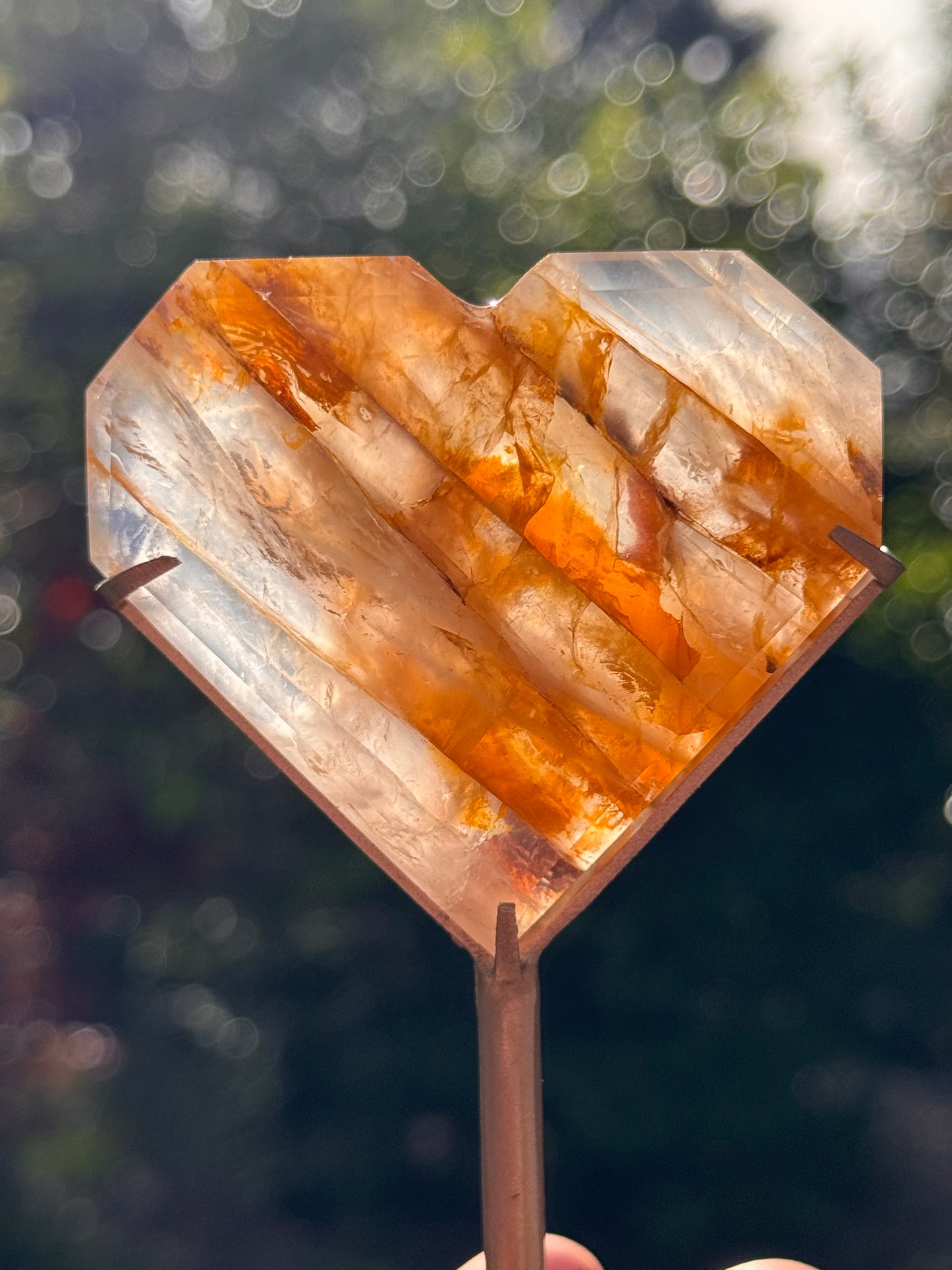 Golden Healer and Rose Girasol Quartz Faceted Heart on a stand