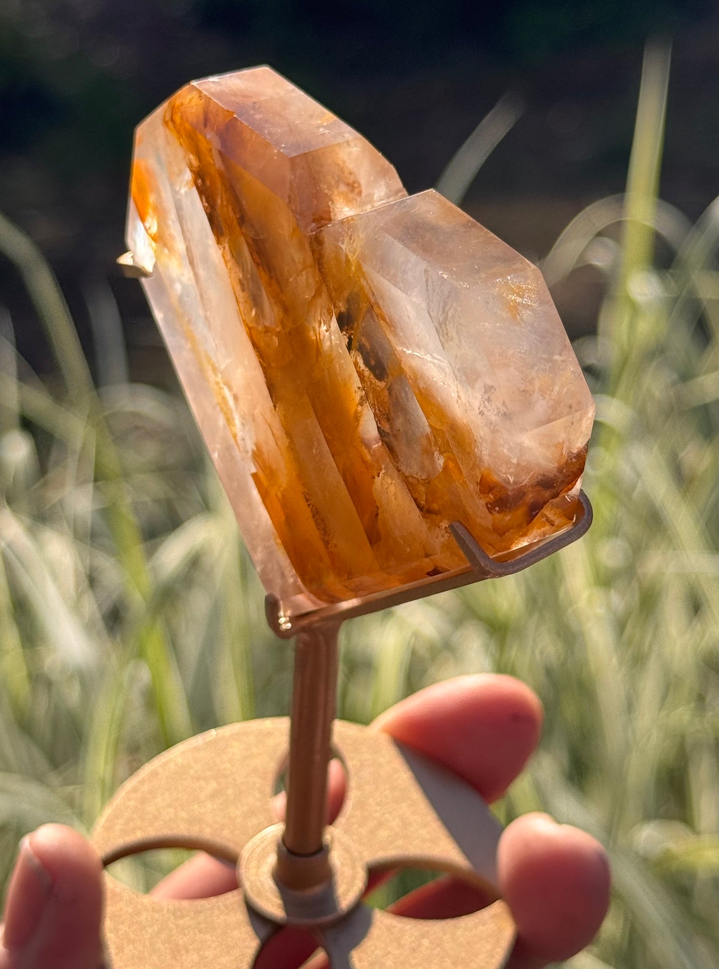 Golden Healer and Rose Girasol Quartz Faceted Heart on a stand