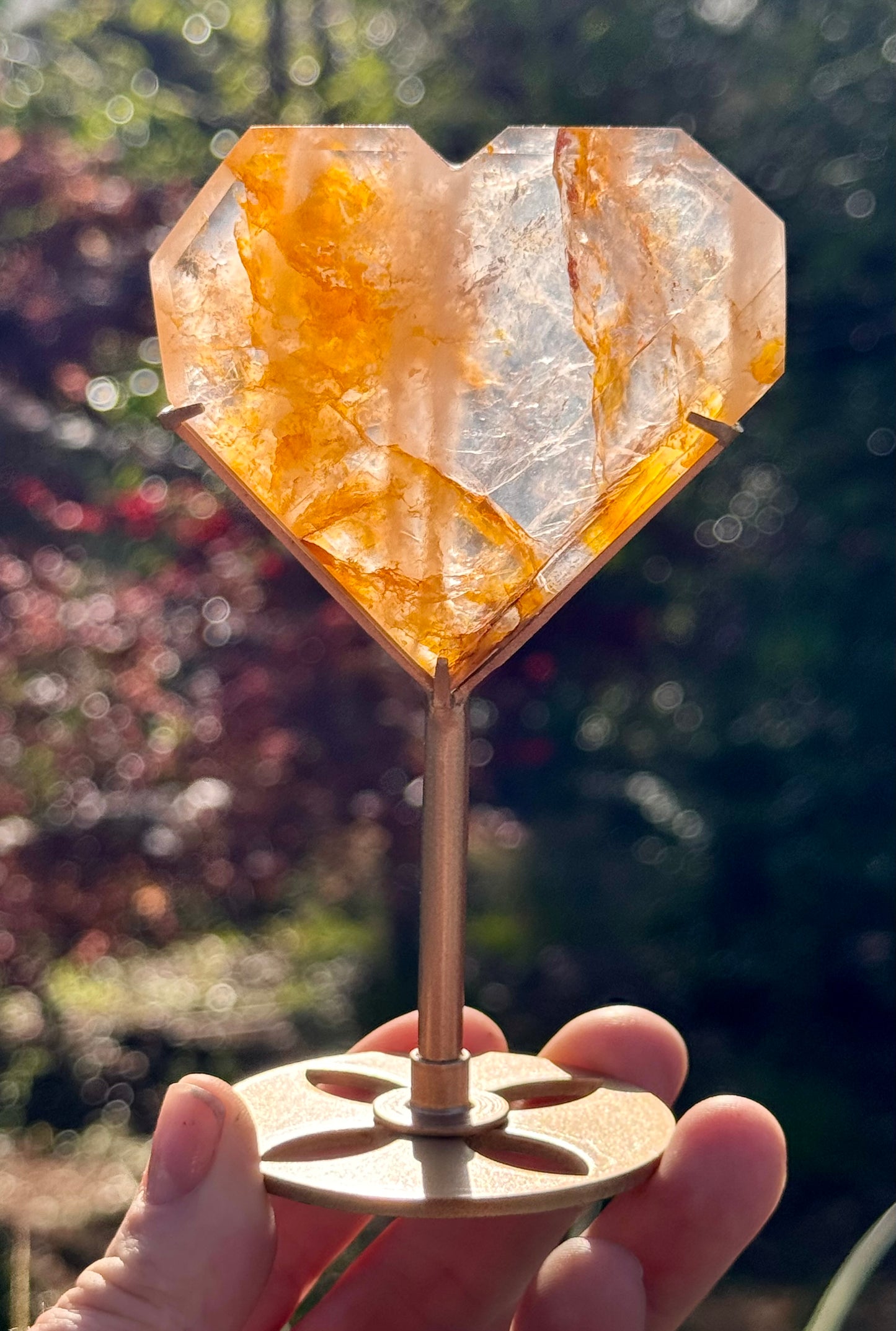 Golden Healer and Rose Girasol Quartz Faceted Heart on a stand