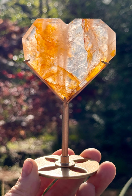 Golden Healer and Rose Girasol Quartz Faceted Heart on a stand