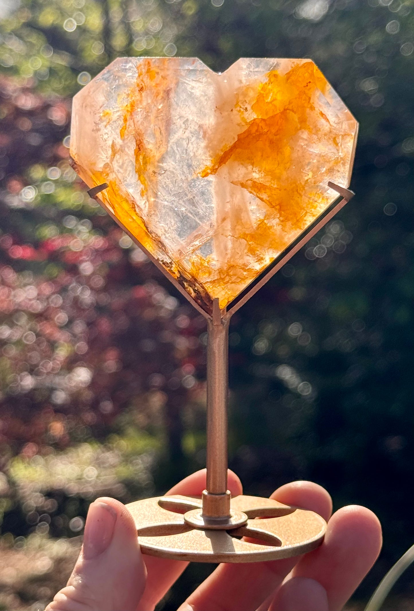 Golden Healer and Rose Girasol Quartz Faceted Heart on a stand