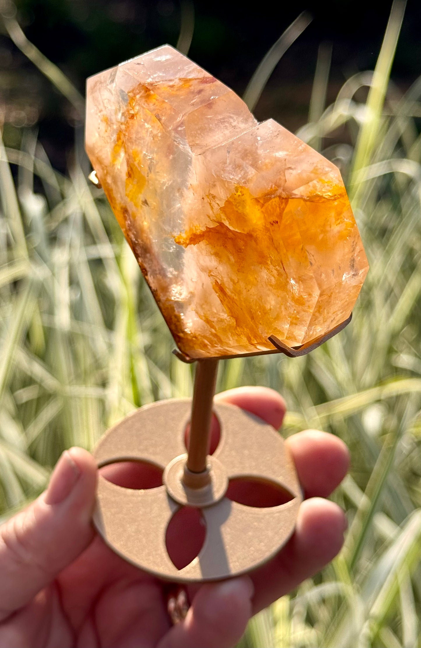 Golden Healer and Rose Girasol Quartz Faceted Heart on a stand