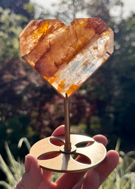 Golden Healer and Girasol Quartz Faceted Heart on a stand