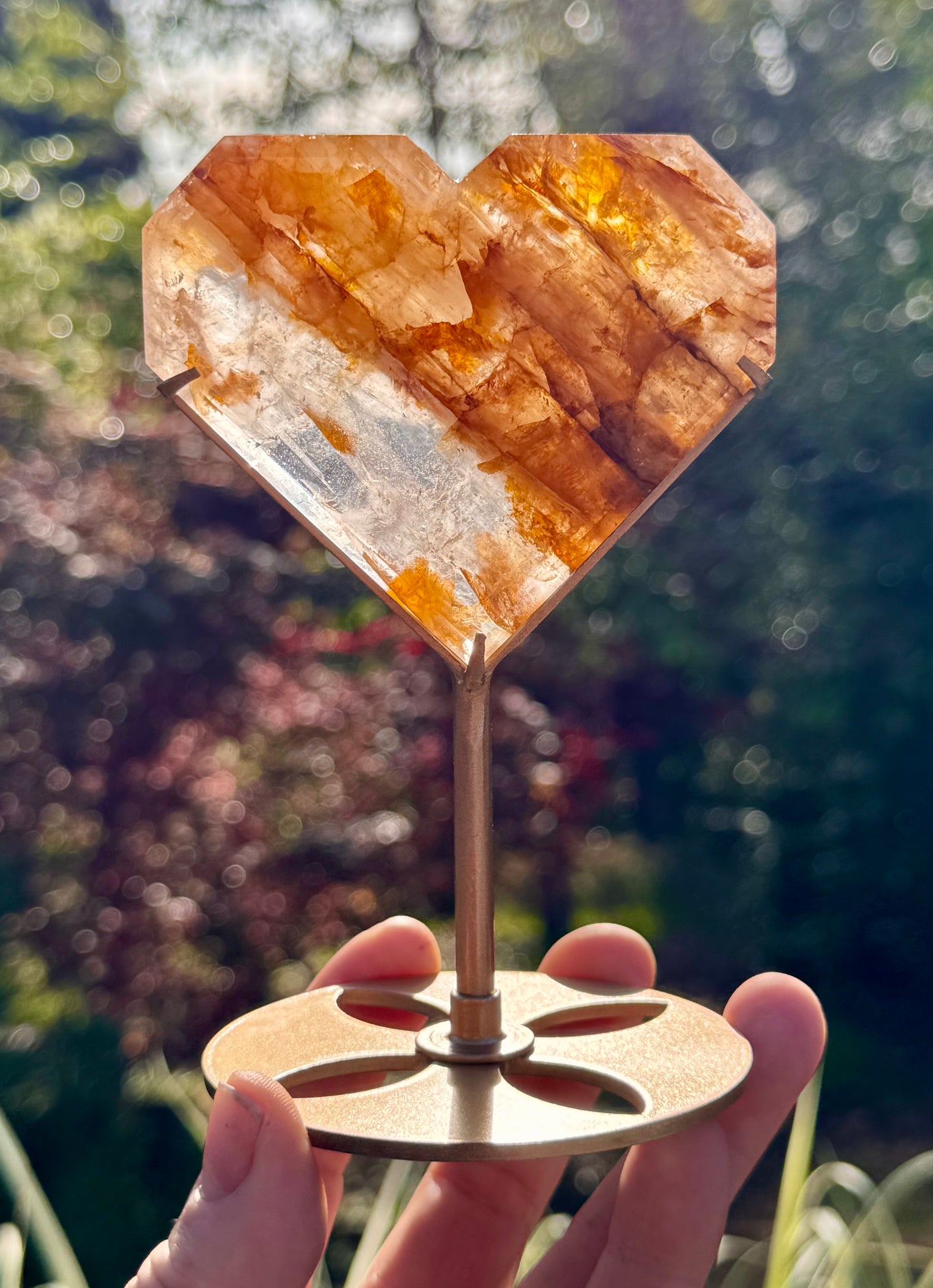Golden Healer and Girasol Quartz Faceted Heart on a stand