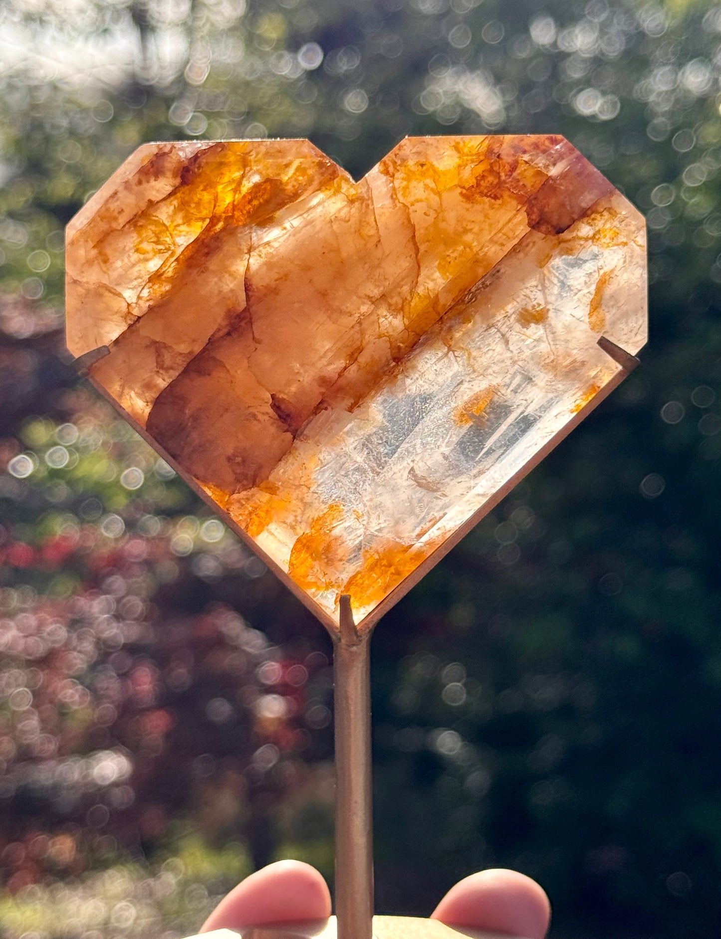 Golden Healer and Girasol Quartz Faceted Heart on a stand
