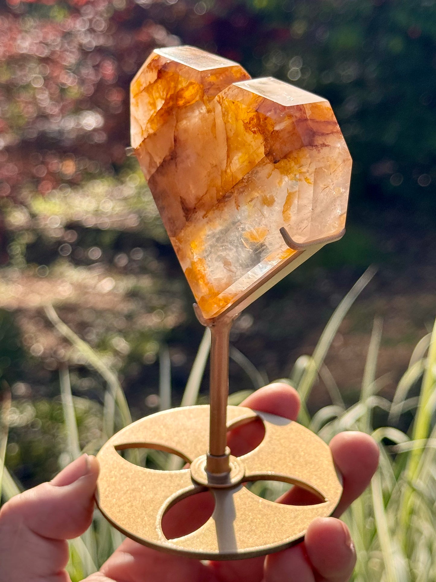 Golden Healer and Girasol Quartz Faceted Heart on a stand
