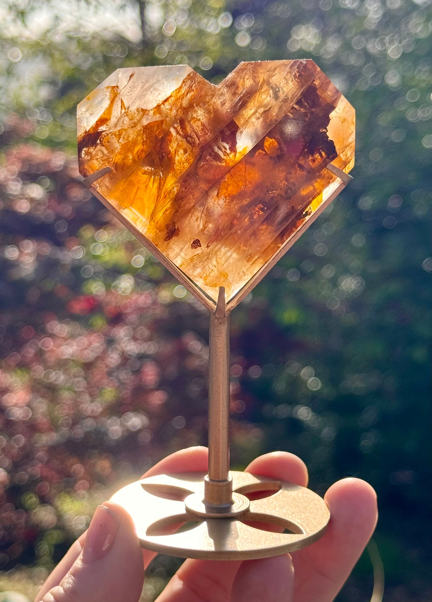 Golden Healer and Girasol Quartz Faceted Heart on a stand