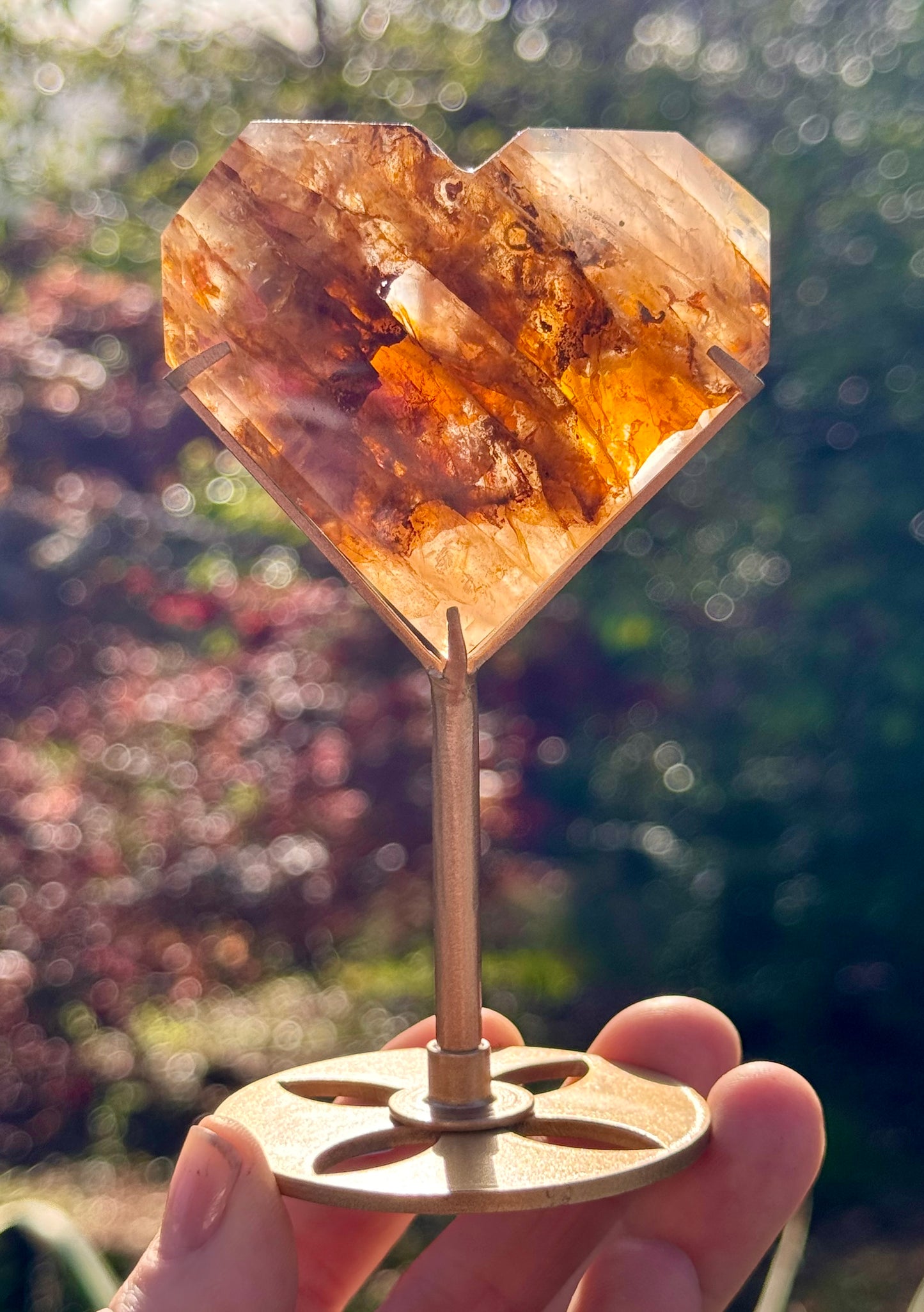 Golden Healer and Girasol Quartz Faceted Heart on a stand