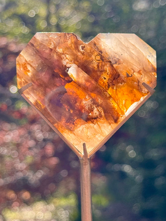 Golden Healer and Girasol Quartz Faceted Heart on a stand