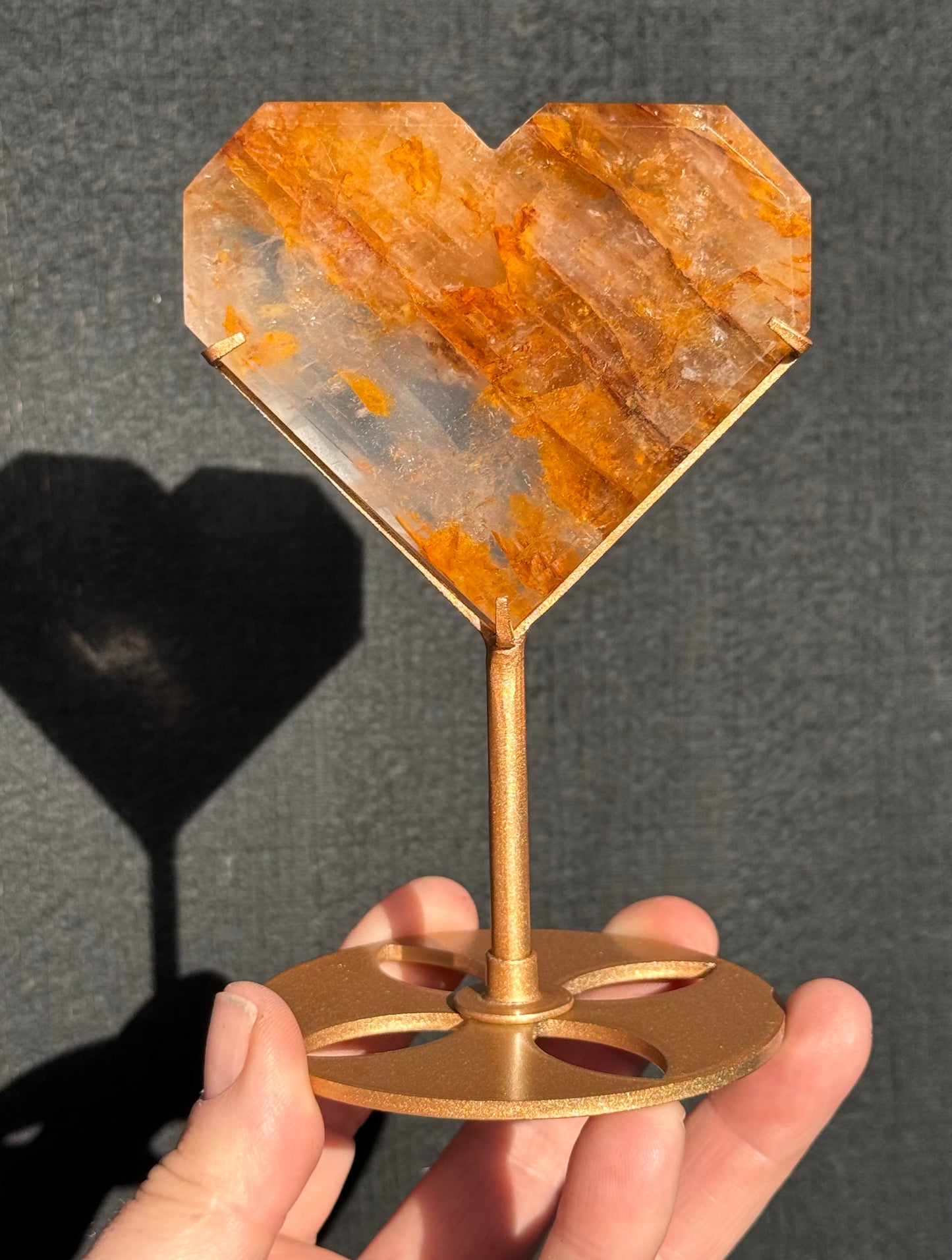 Golden Healer and Girasol Quartz Faceted Heart on a stand