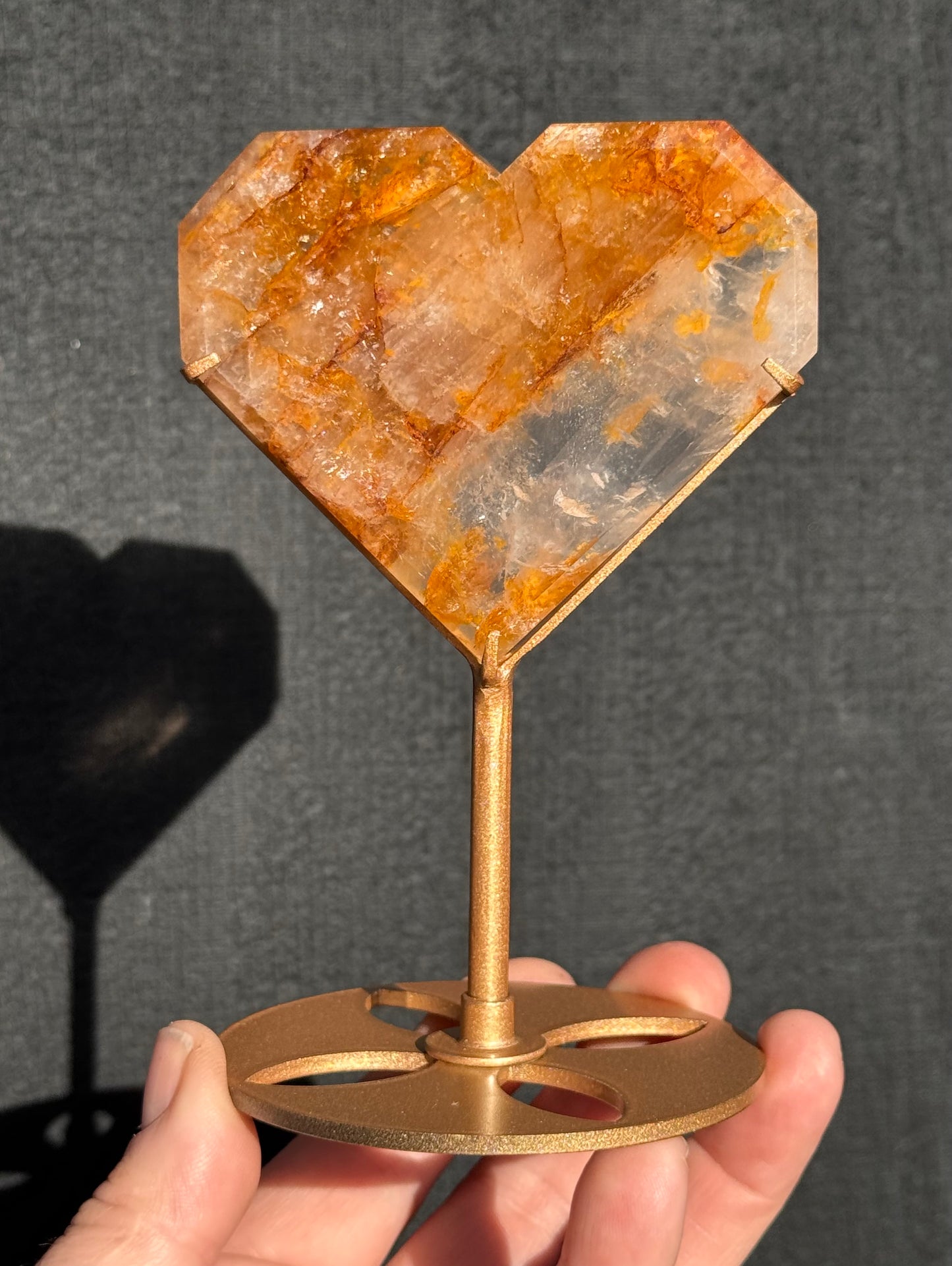 Golden Healer and Girasol Quartz Faceted Heart on a stand