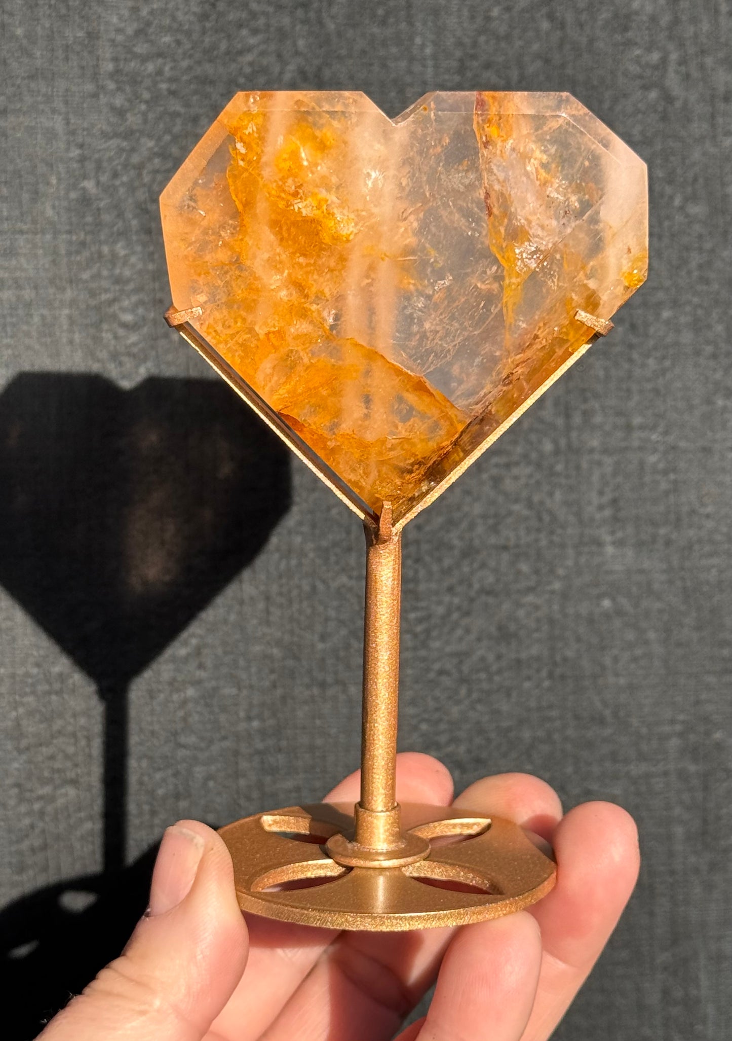 Golden Healer and Rose Girasol Quartz Faceted Heart on a stand