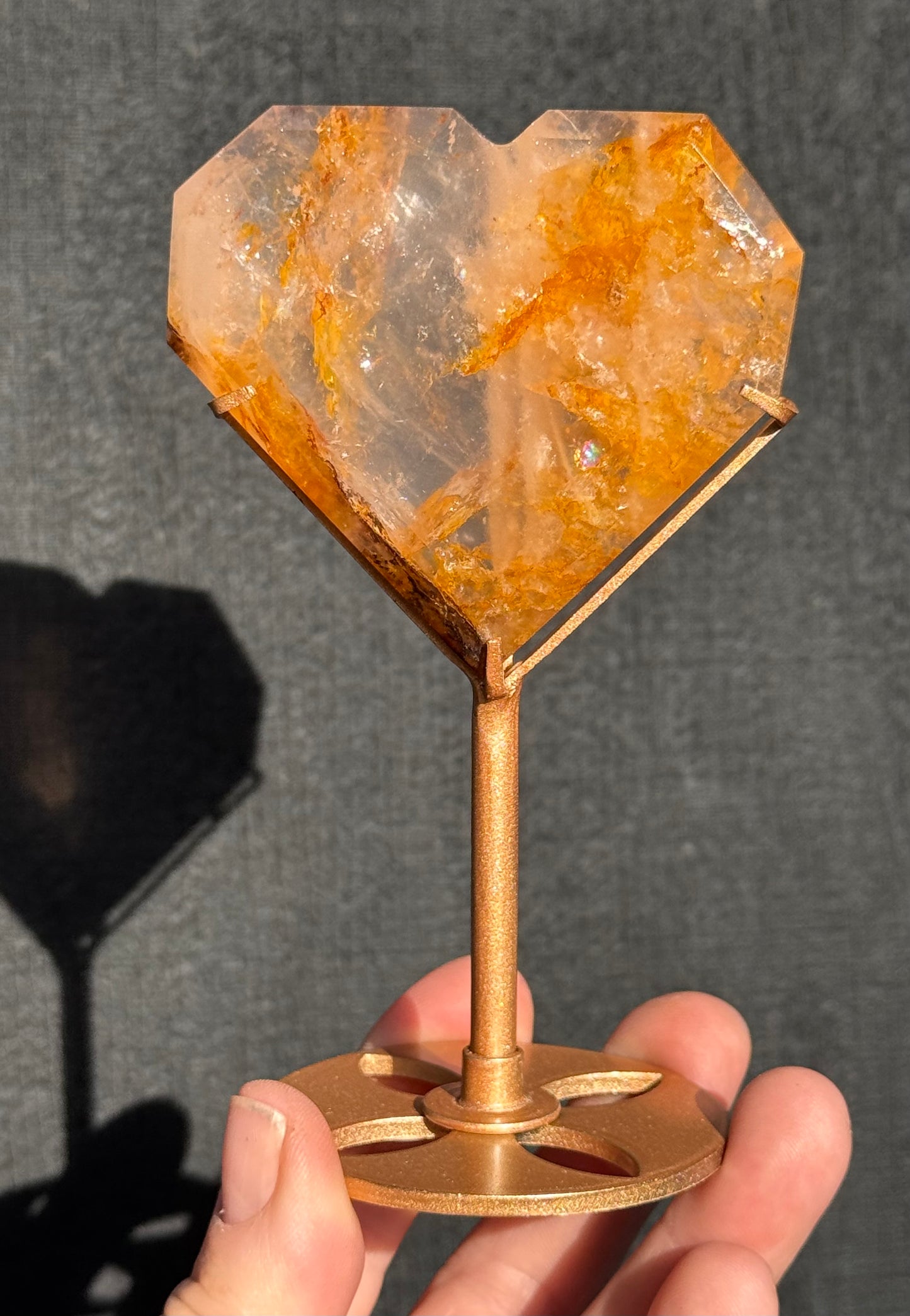 Golden Healer and Rose Girasol Quartz Faceted Heart on a stand