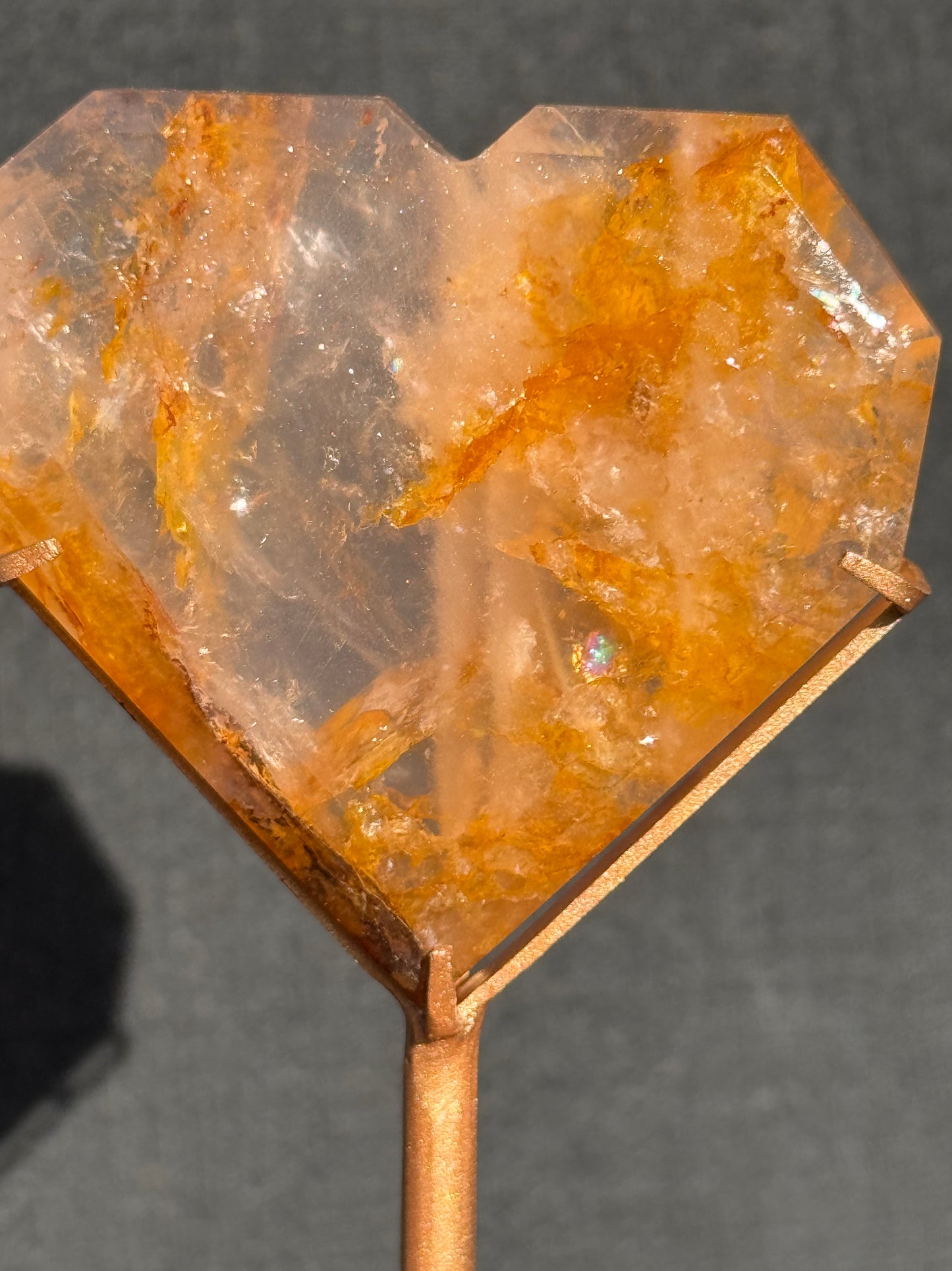 Golden Healer and Rose Girasol Quartz Faceted Heart on a stand