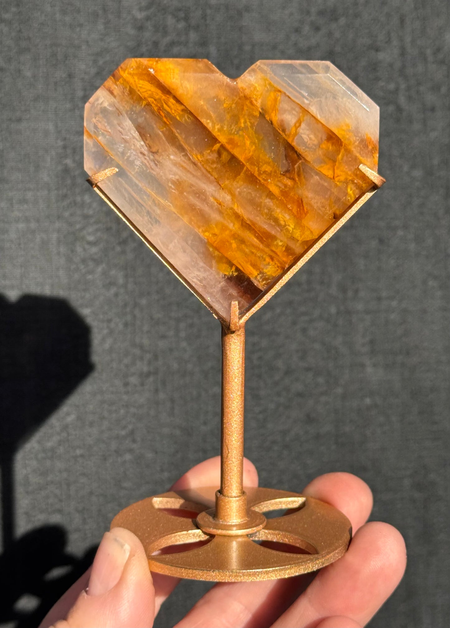 Golden Healer and Rose Girasol Quartz Faceted Heart on a stand