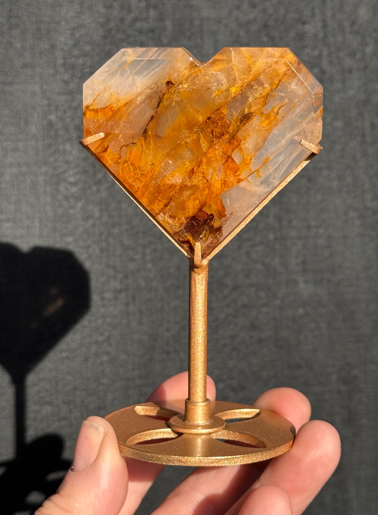 Golden Healer and Rose Girasol Quartz Faceted Heart on a stand