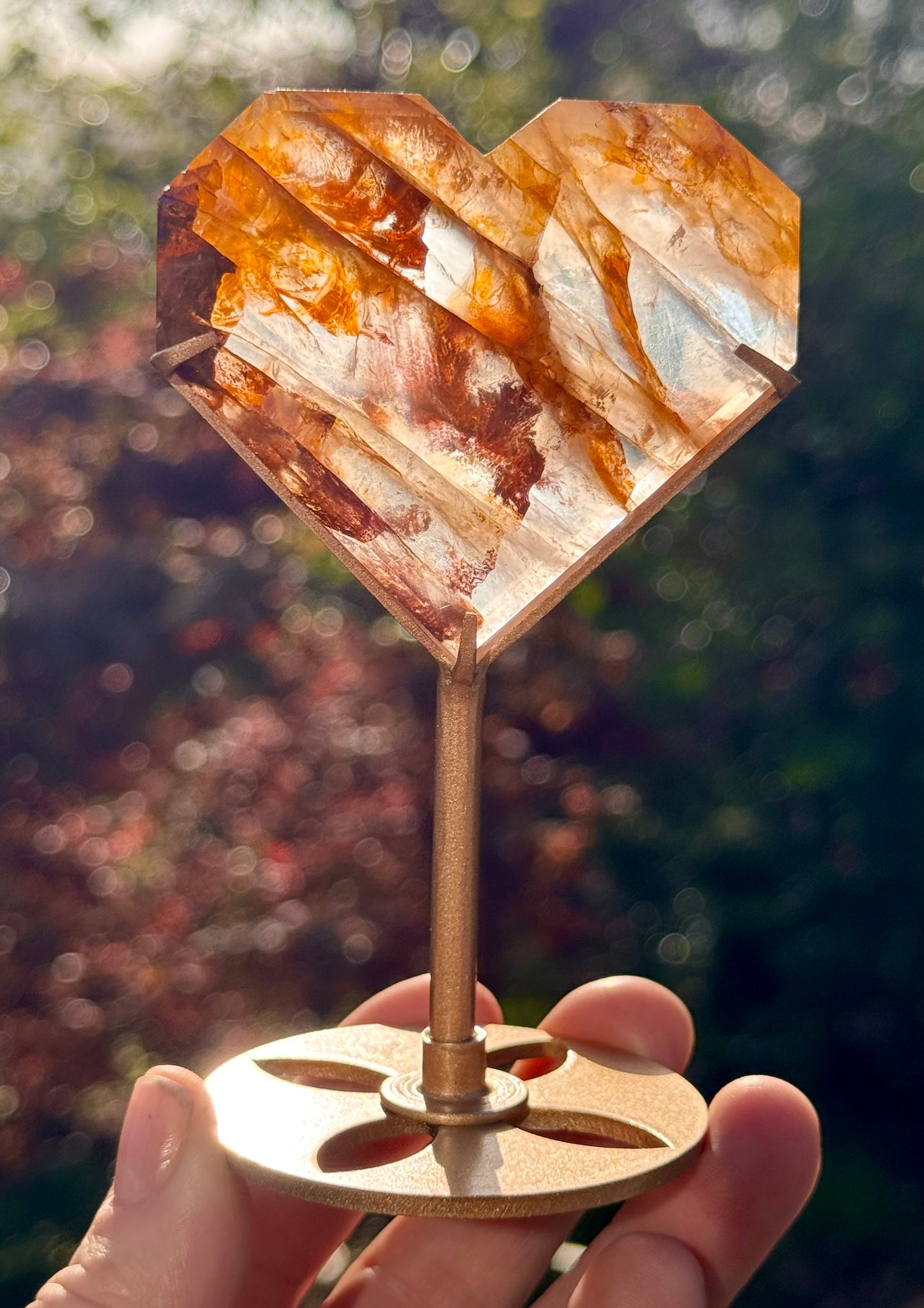 Golden Healer, Fire and Girasol Quartz Faceted Heart on a stand