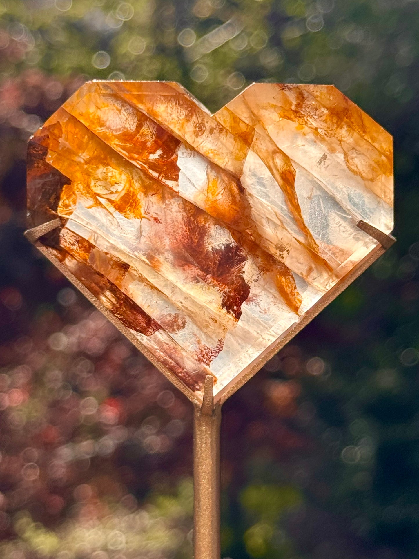 Golden Healer, Fire and Girasol Quartz Faceted Heart on a stand