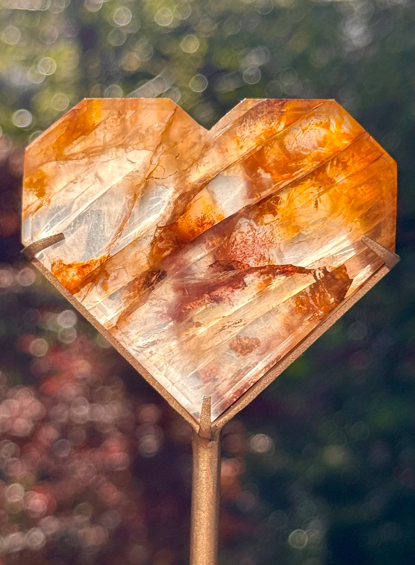 Golden Healer, Fire and Girasol Quartz Faceted Heart on a stand