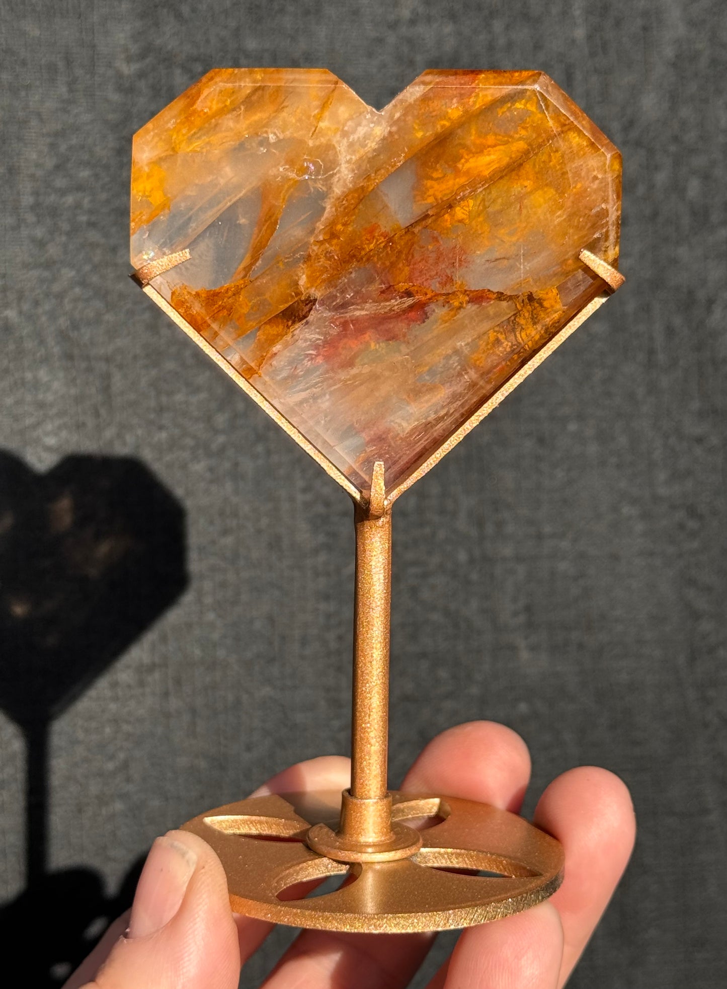 Golden Healer, Fire and Girasol Quartz Faceted Heart on a stand