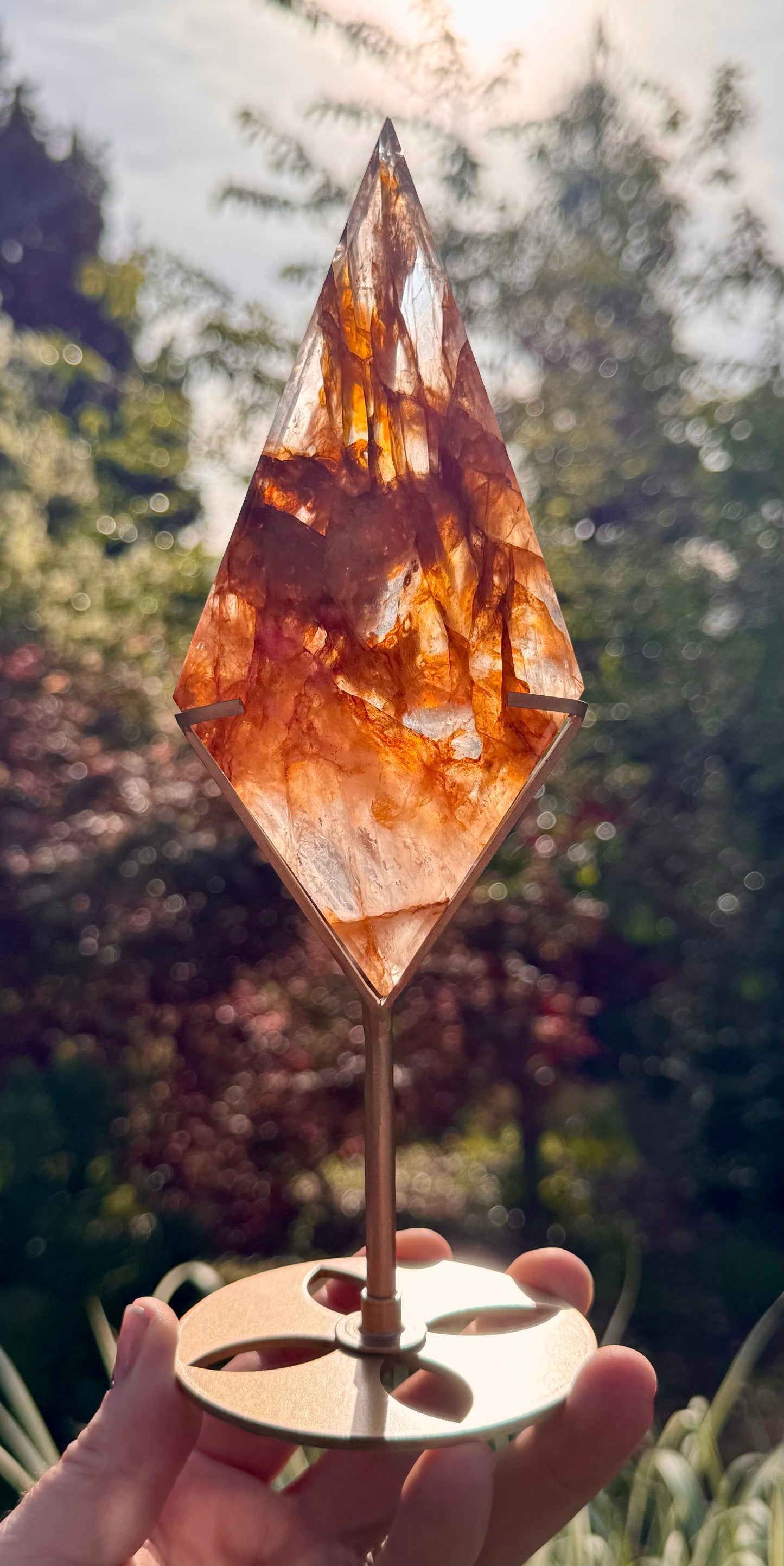 Golden Healer & Fire Quartz in Girasol Quartz Carved Diamond on Stand