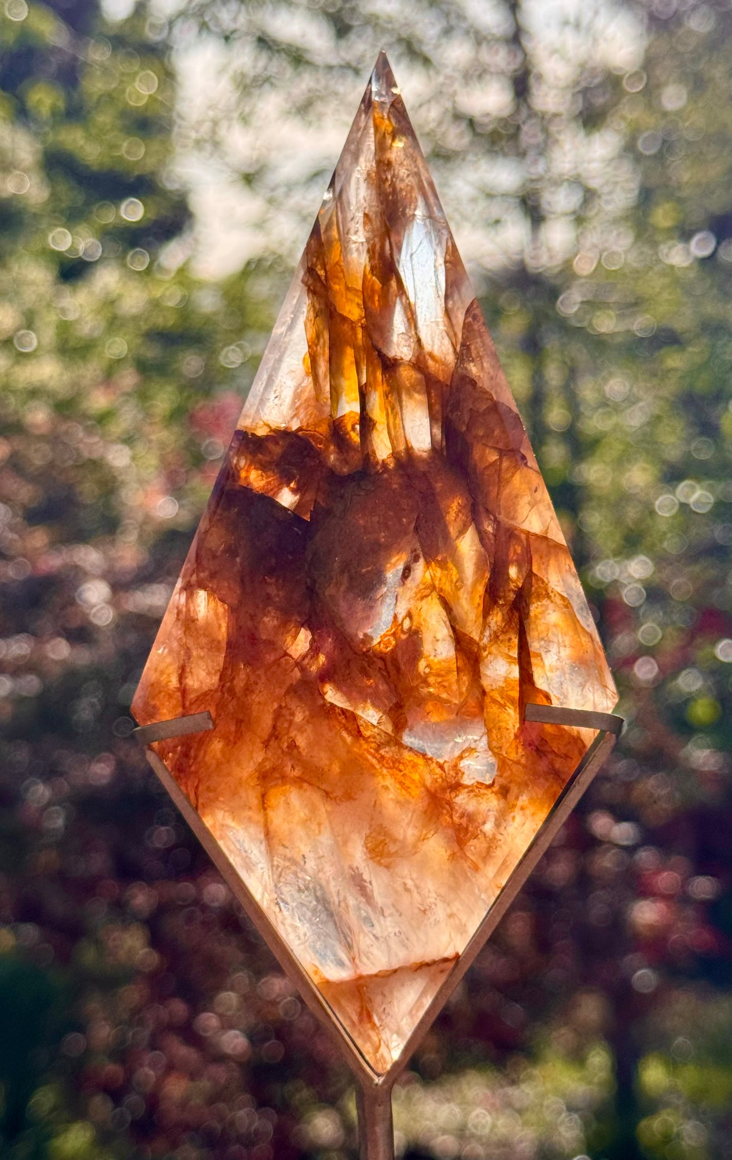 Golden Healer & Fire Quartz in Girasol Quartz Carved Diamond on Stand