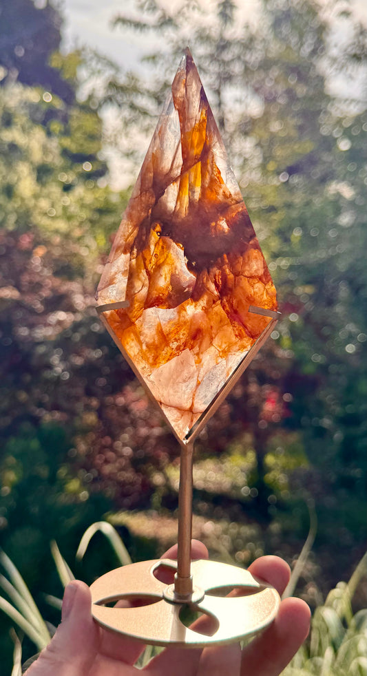 Golden Healer & Fire Quartz in Girasol Quartz Carved Diamond on Stand
