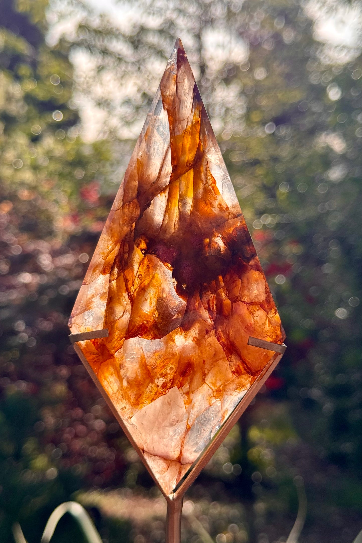 Golden Healer & Fire Quartz in Girasol Quartz Carved Diamond on Stand
