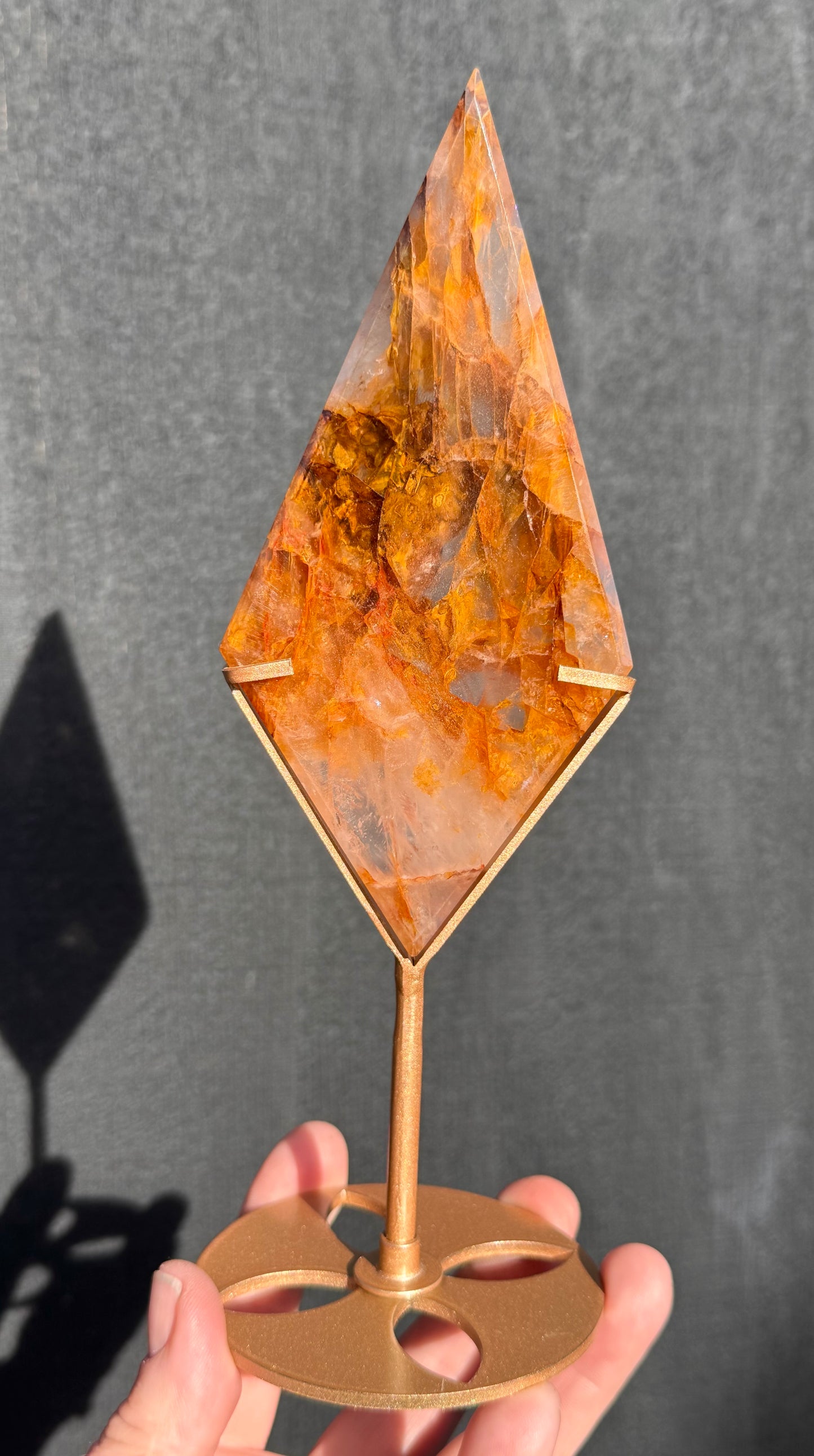 Golden Healer & Fire Quartz in Girasol Quartz Carved Diamond on Stand