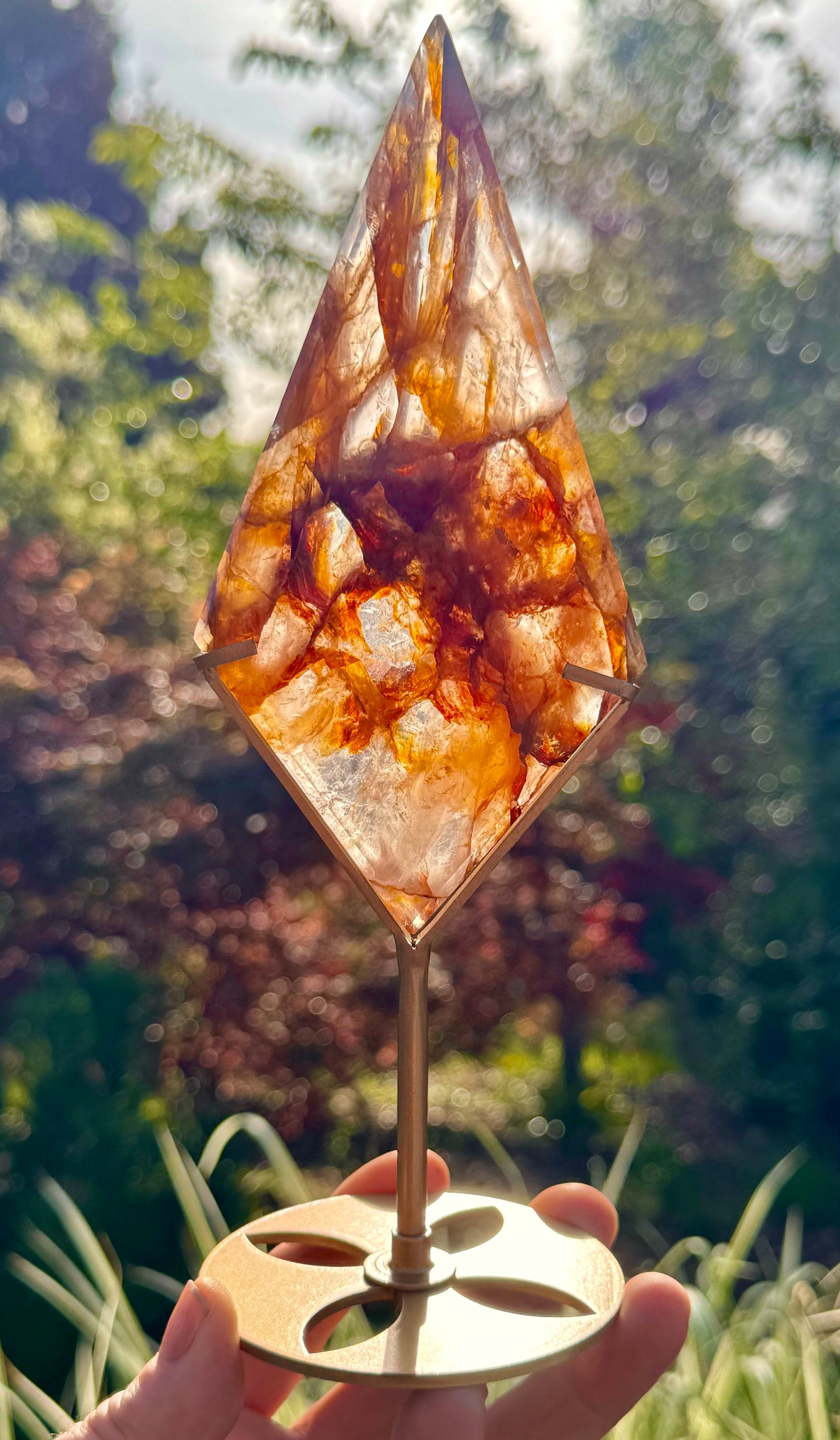 Golden Healer & Fire Quartz in Girasol Quartz Carved Diamond on Stand
