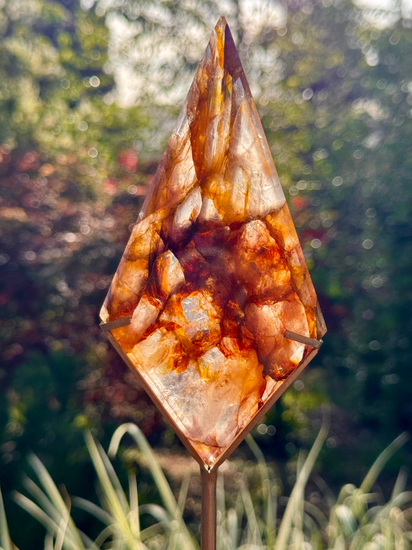 Golden Healer & Fire Quartz in Girasol Quartz Carved Diamond on Stand