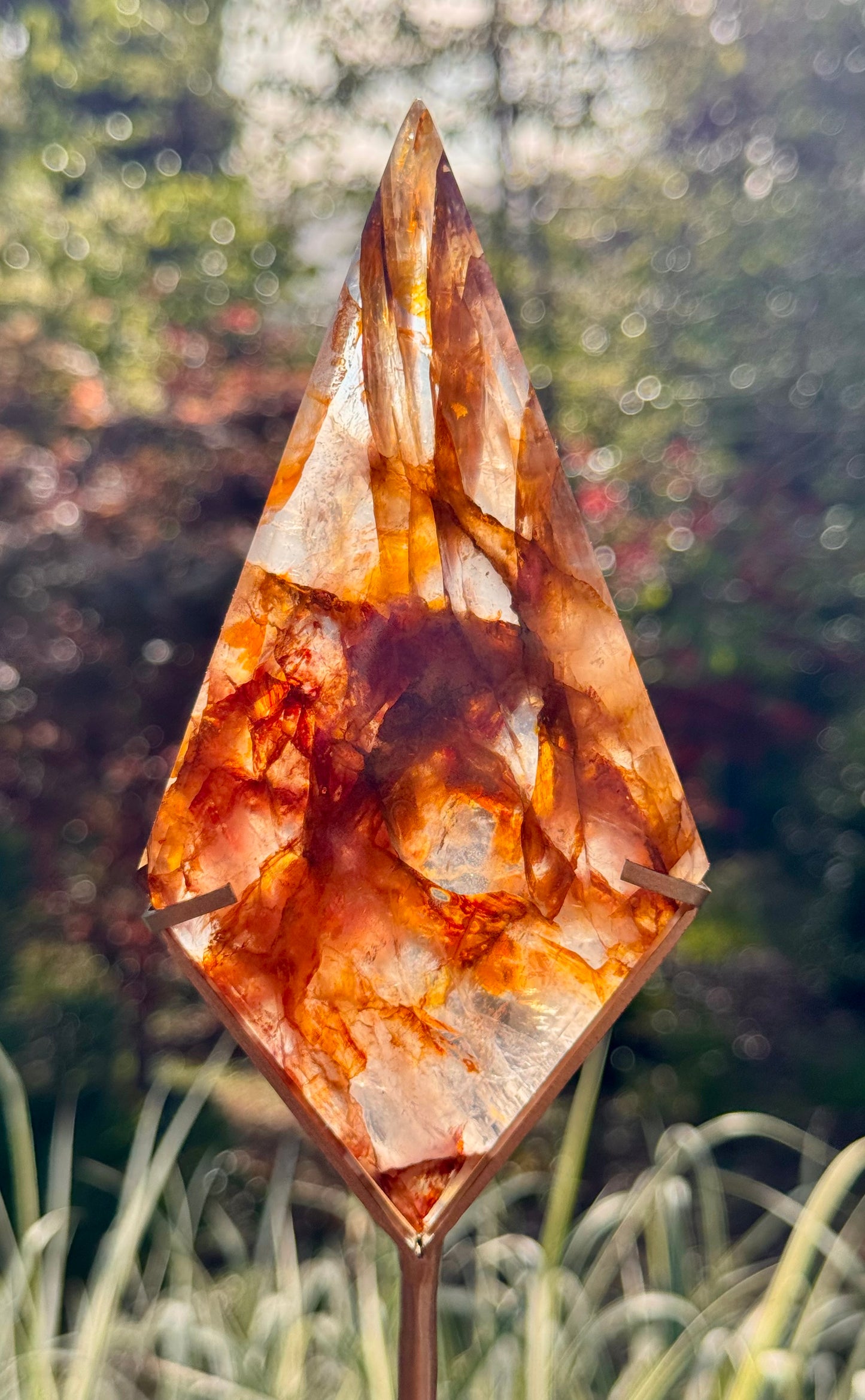 Golden Healer & Fire Quartz in Girasol Quartz Carved Diamond on Stand