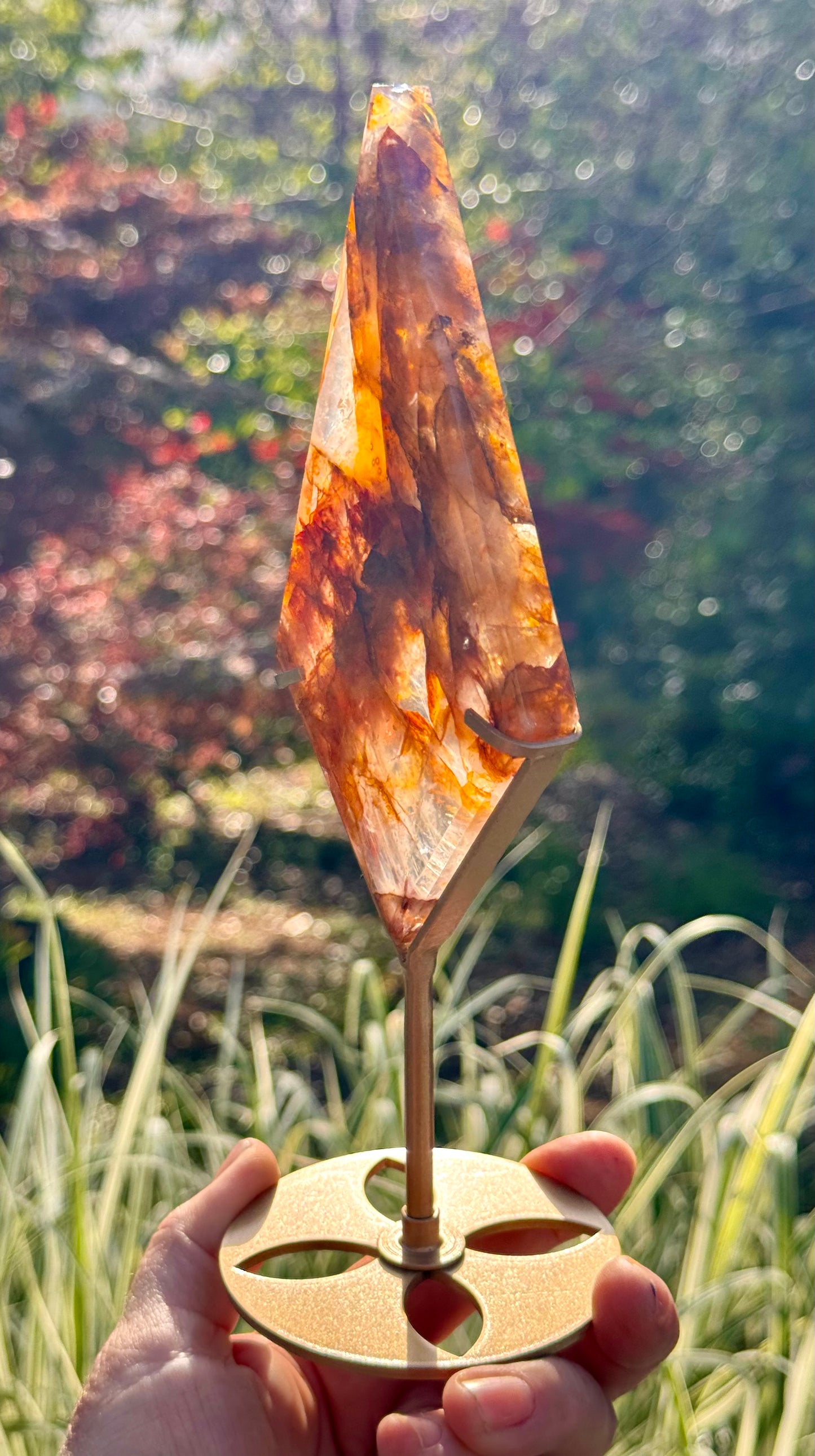 Golden Healer & Fire Quartz in Girasol Quartz Carved Diamond on Stand