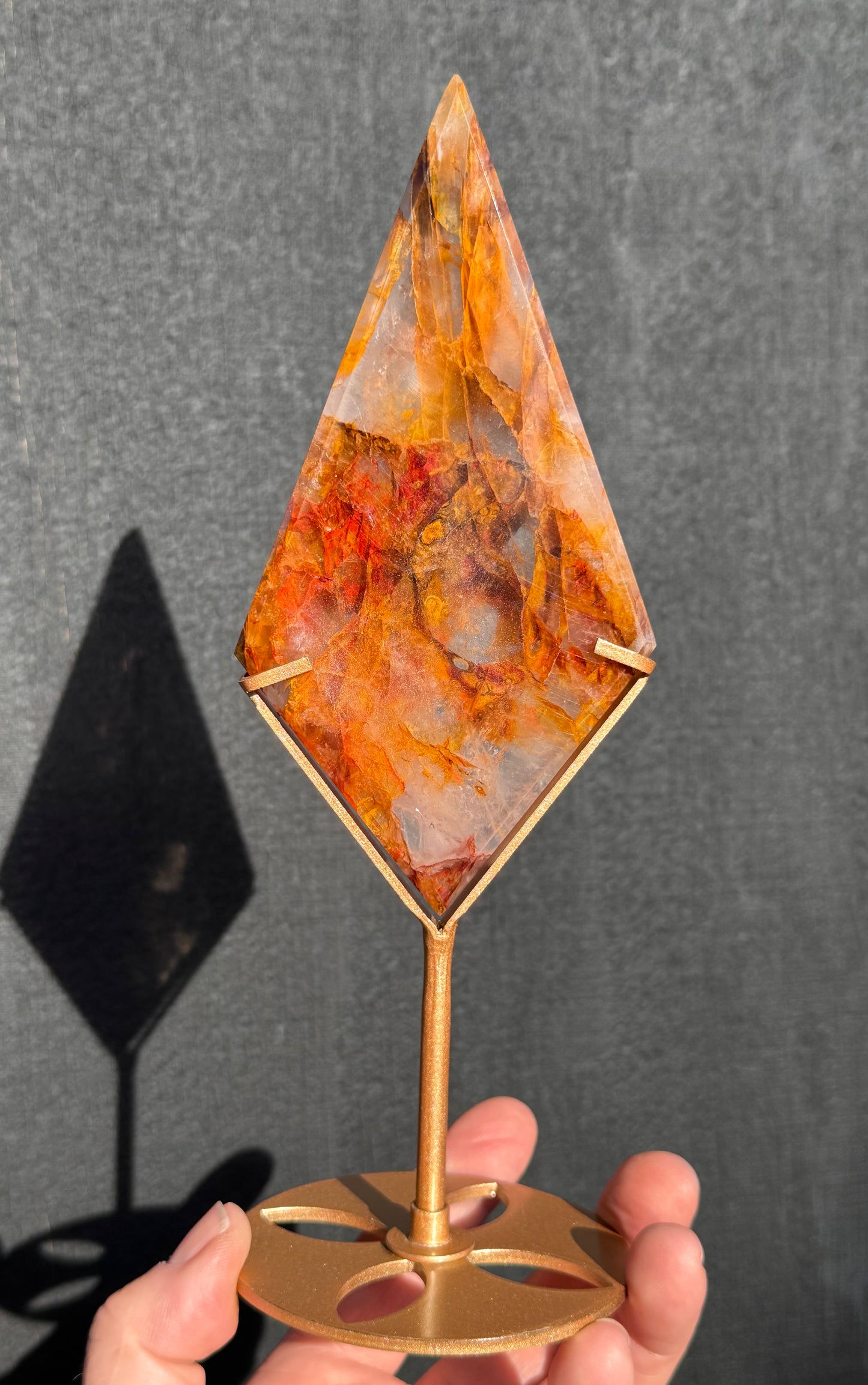 Golden Healer & Fire Quartz in Girasol Quartz Carved Diamond on Stand