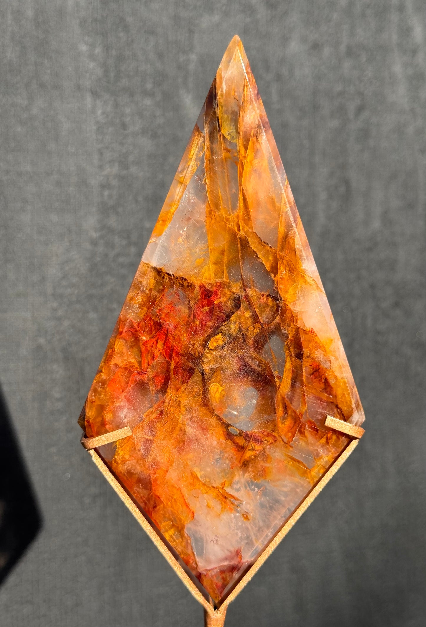 Golden Healer & Fire Quartz in Girasol Quartz Carved Diamond on Stand