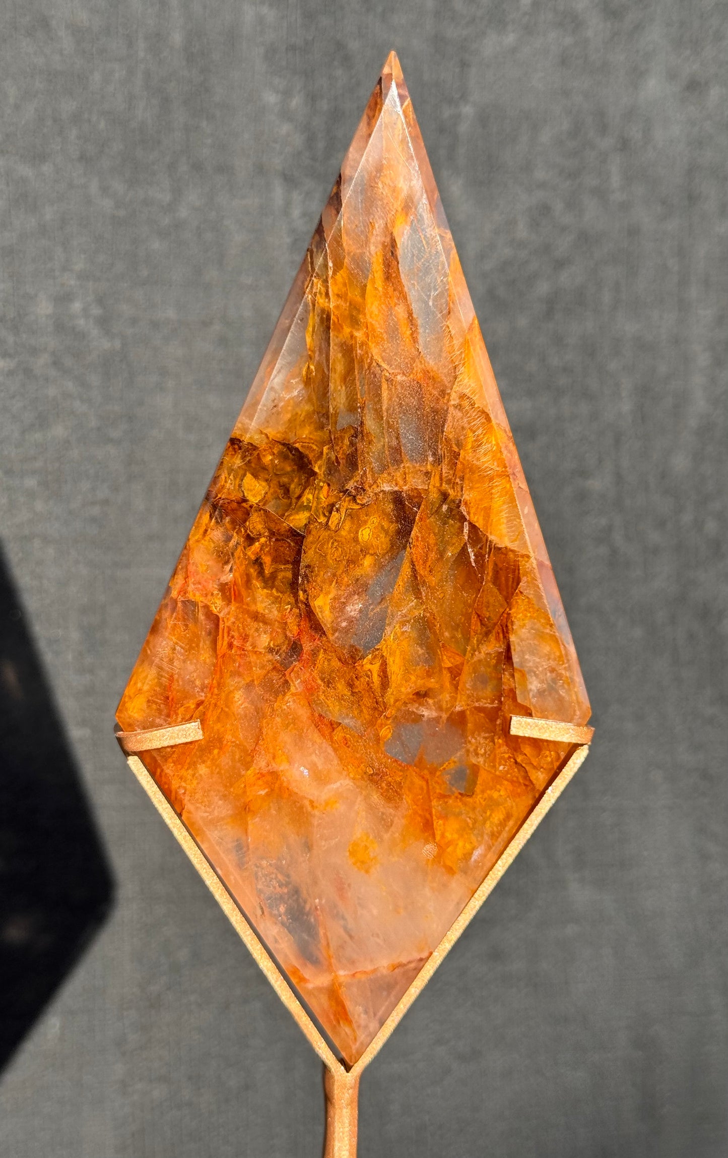 Golden Healer & Fire Quartz in Girasol Quartz Carved Diamond on Stand