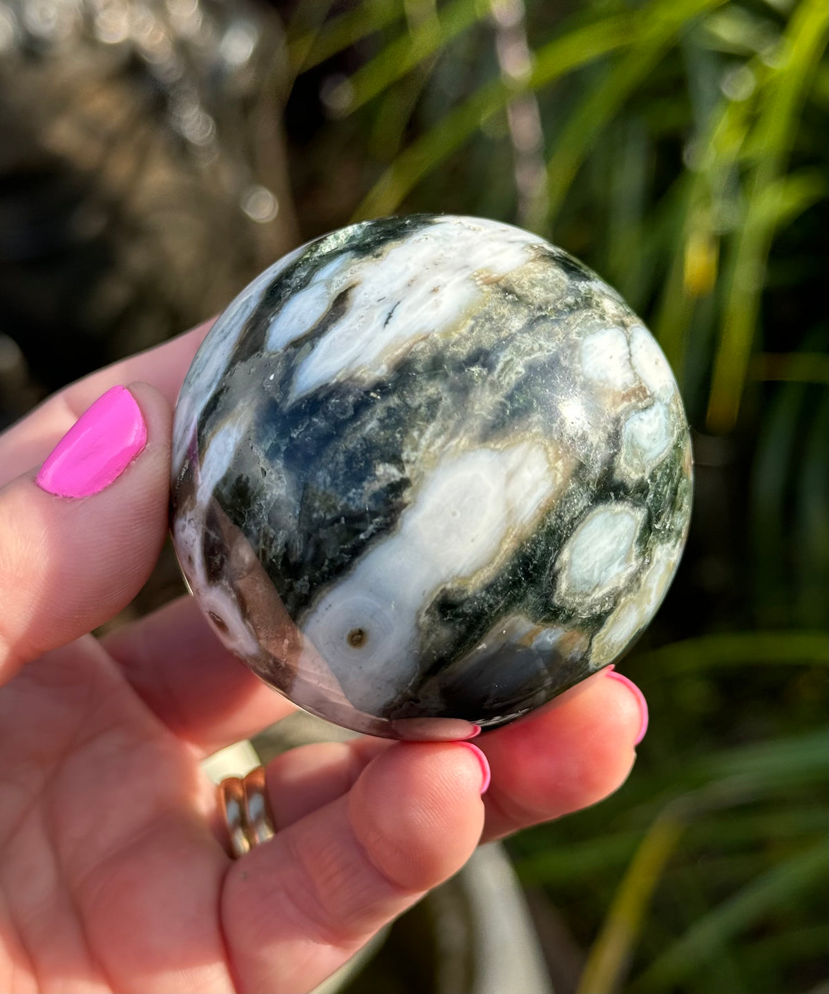 Gorgeous Rare Orbicular Ocean Jasper Sphere with Druzy – Old Stock, 6th Vein